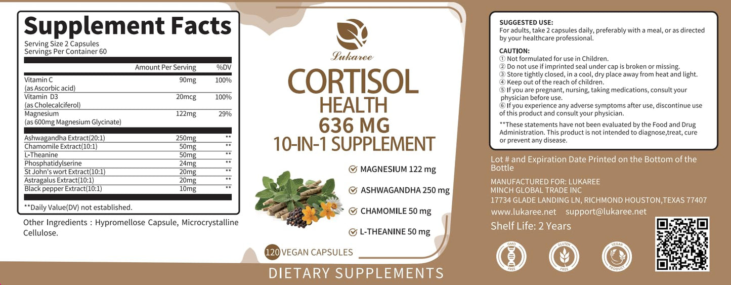 10-in-1 Cortisol Support Supplement โ Vegan 120 Capsules | Ashwagandha, L-Theanine, Magnesium