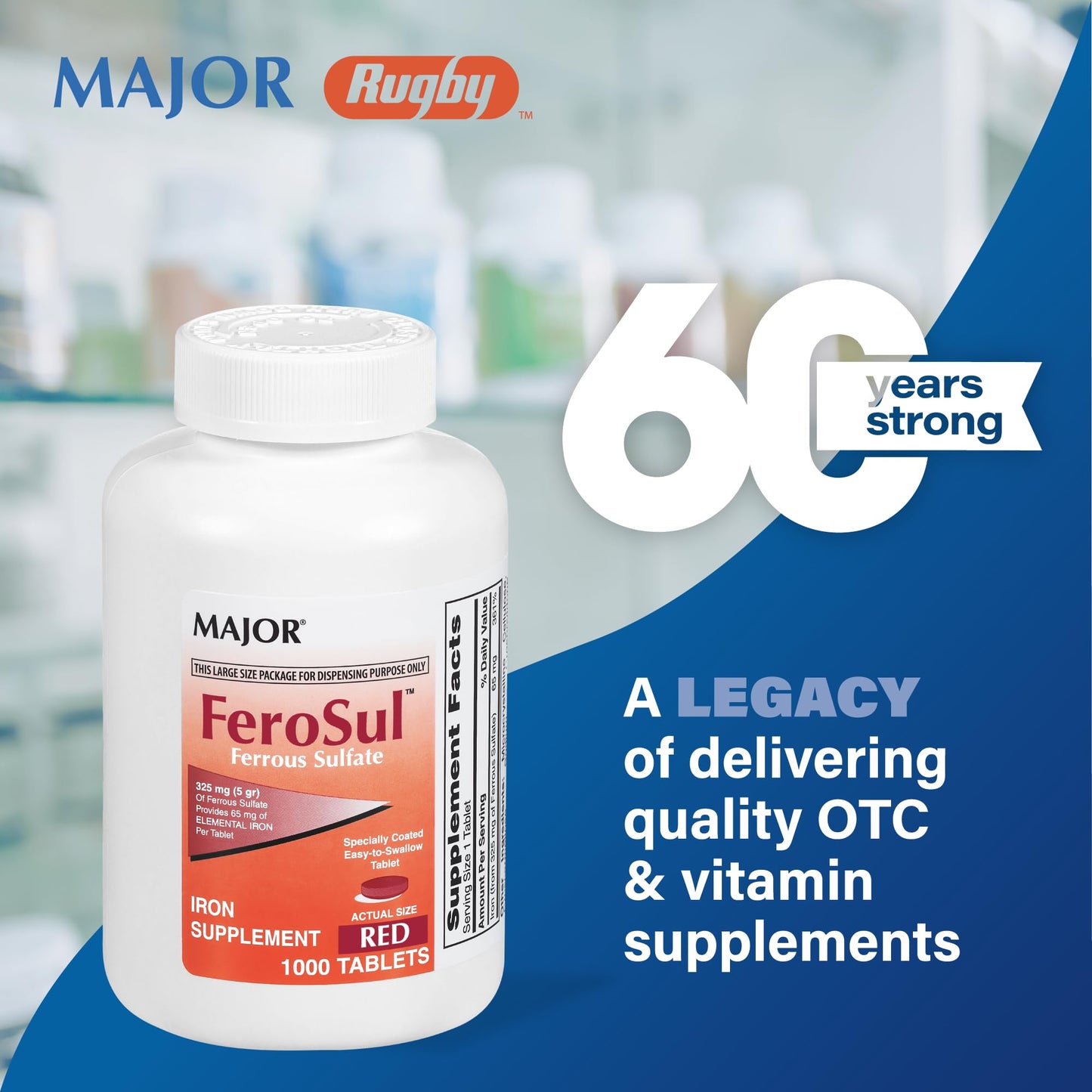 Major FeroSul Ferrous Sulate 325 mg โ Iron Supplement for Women & Men, Easy-to-Swallow Red Tablets, 1000 Count