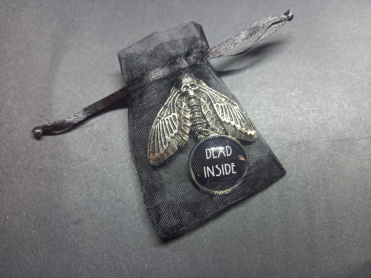 Goth Gothic Witchy Occultist Satanic Pagan "Death head moth" detail metal pin badge/brooch V2with "Dead inside" detail