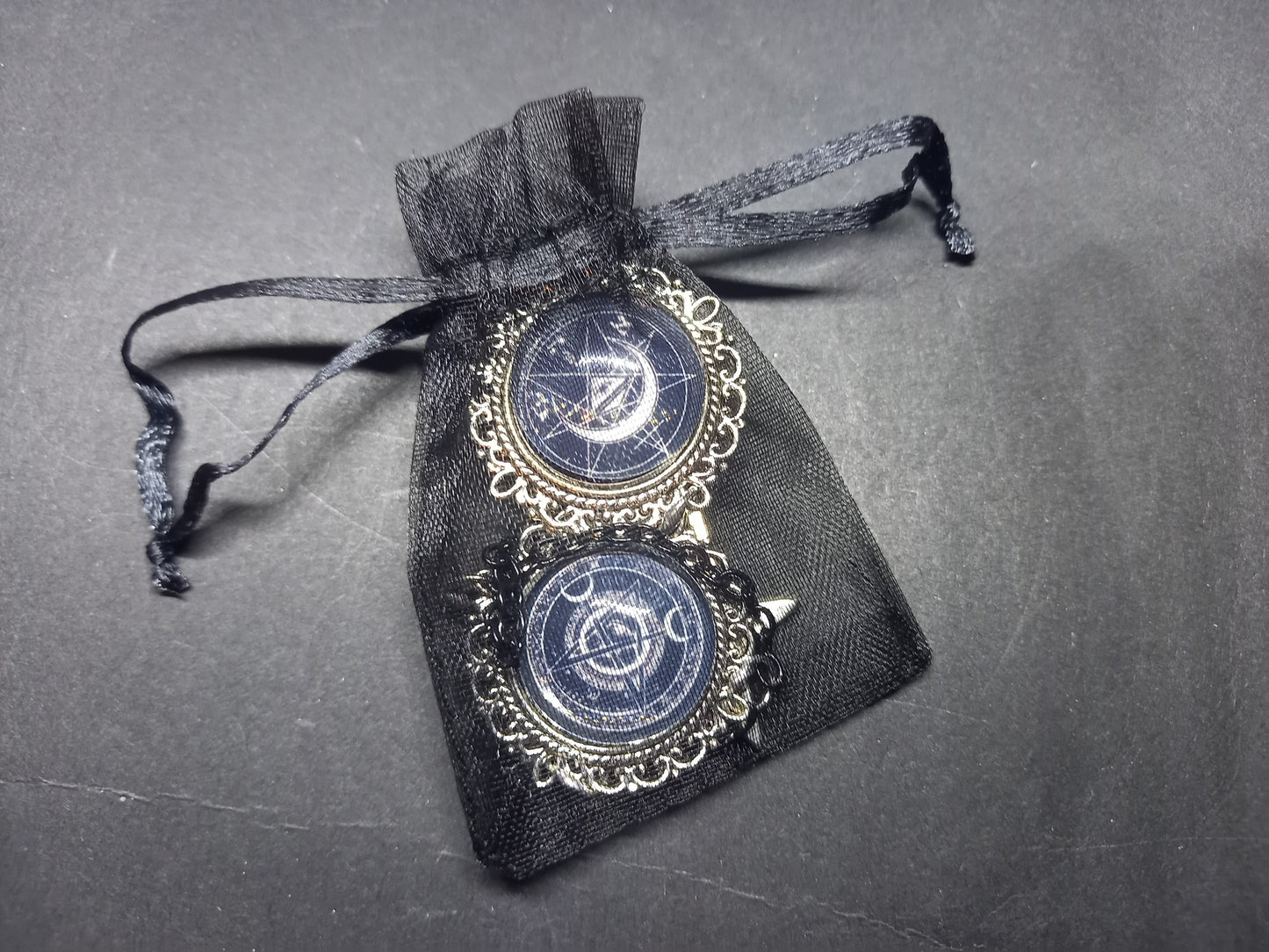 Goth Gothic Old School 1980's alternative " Nephilim inspired double image Ornate Brooch" with chains and unicursal hexagram