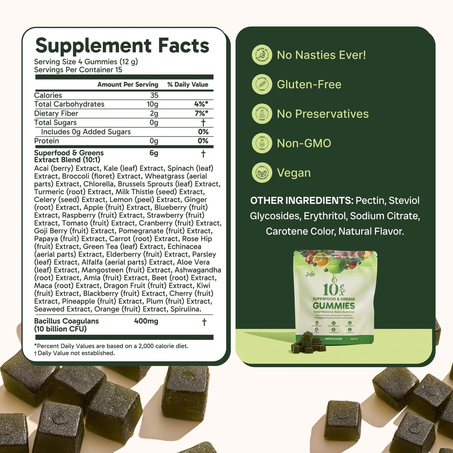 10ex Supergreens Gummies with Probiotics โ 40 Superfoods, 10x Nutrition