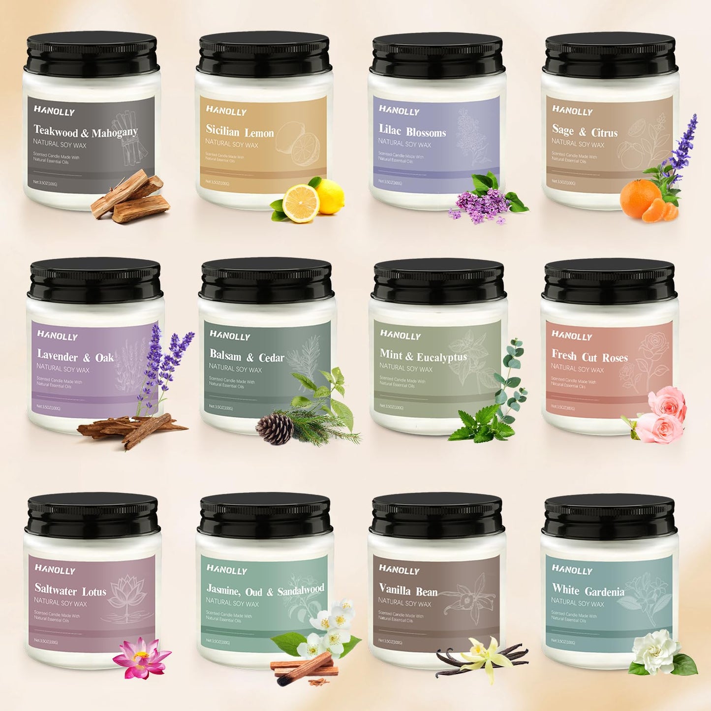 12 Pack Natural Soy Candles Gift Set โ Aromatherapy Home Scents (Lavender, Vanilla, Rose & Eucalyptus)
