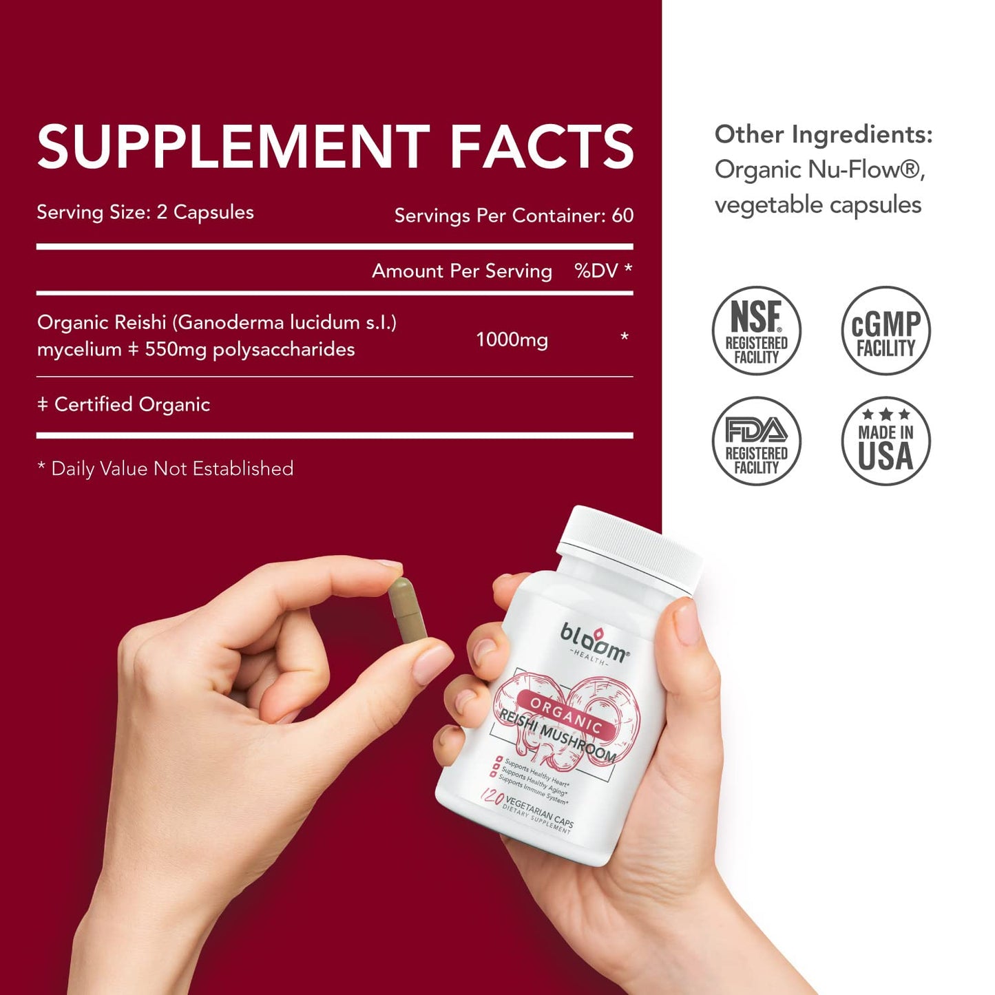 Bloom Health Reishi Mushroom Capsules โ Organic Ganoderma Lucidum for Immune Support