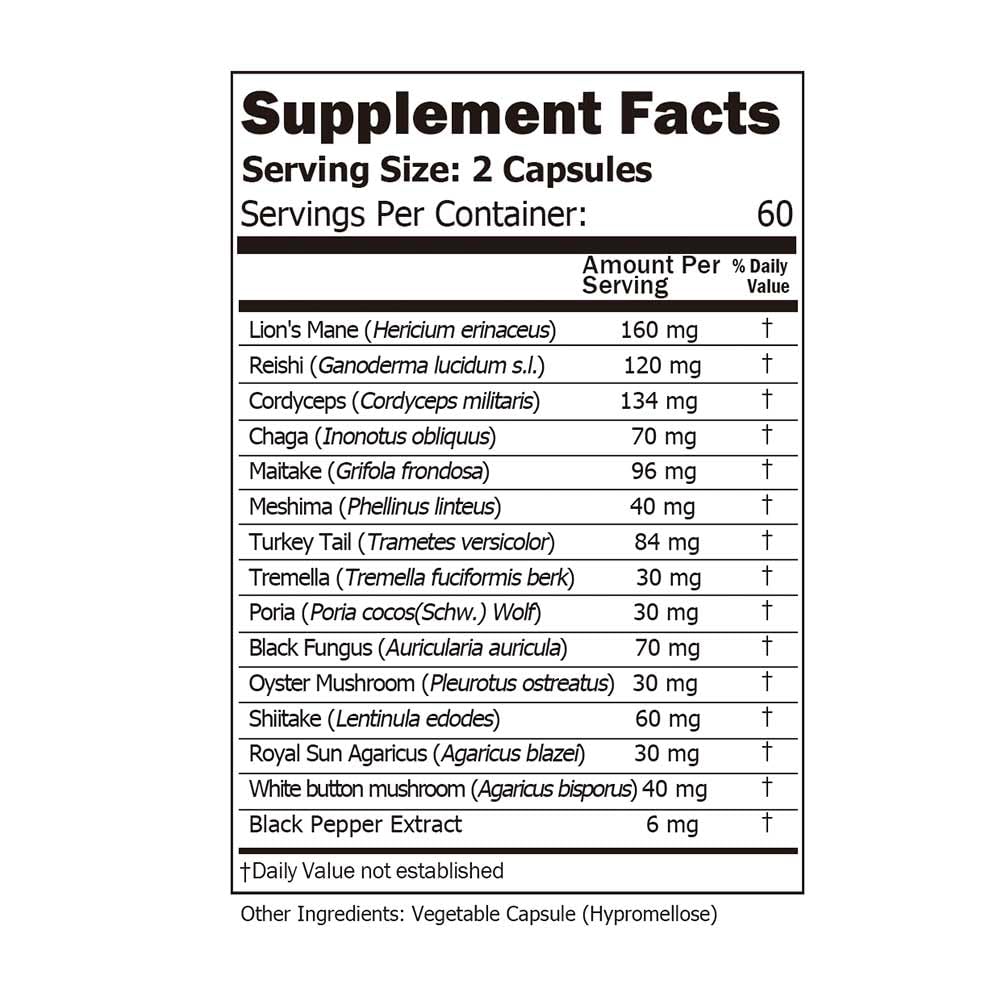 14 Mushrooms Supplement 120 Capsules โ Immune Support & Nootropic (30% Beta-Glucan)