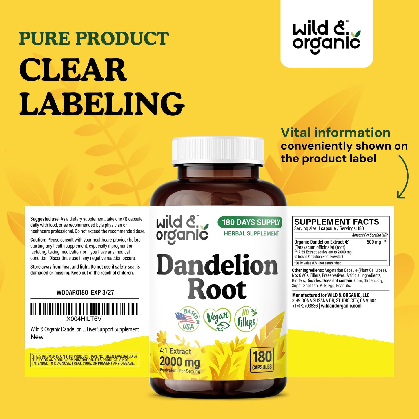 Wild & Organic Dandelion Root Capsules โ 2000 mg per Capsule, Liver Support