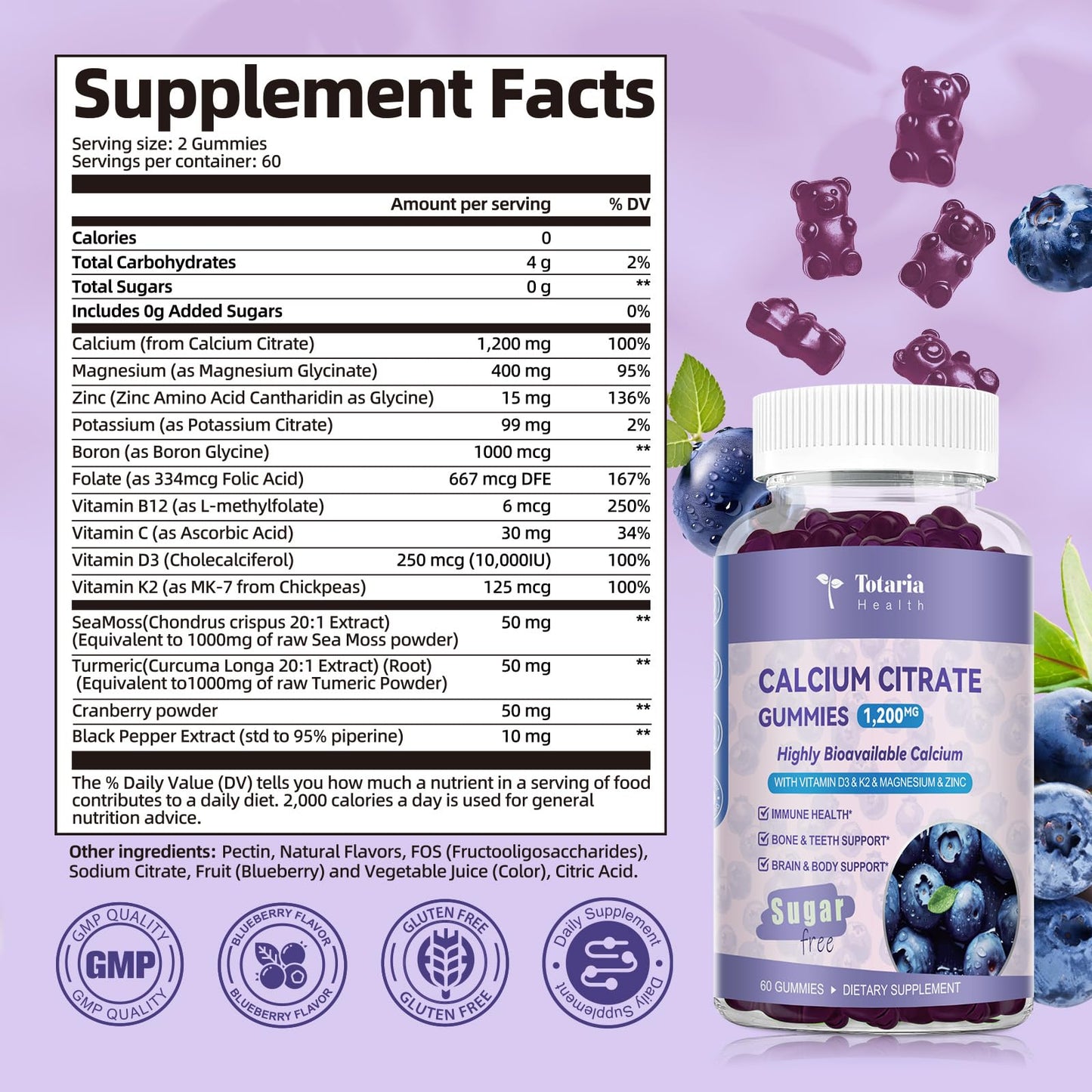 2 Pack Calcium Citrate Gummies 1200 mg โ Vitamin D3 & K2, Magnesium, Zinc | Sugar Free Blueberry