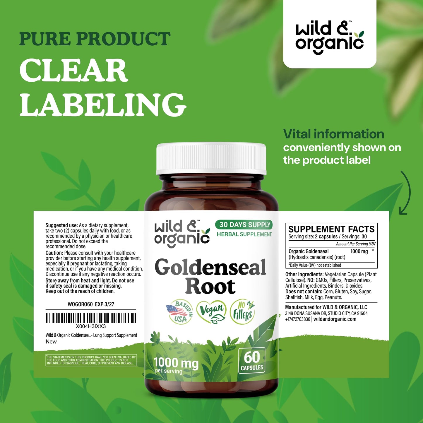 Wild & Organic Goldenseal Root Capsules 1000mg โ Immune & Lung Support (60 capsules) โ Vegan, Non-GMO