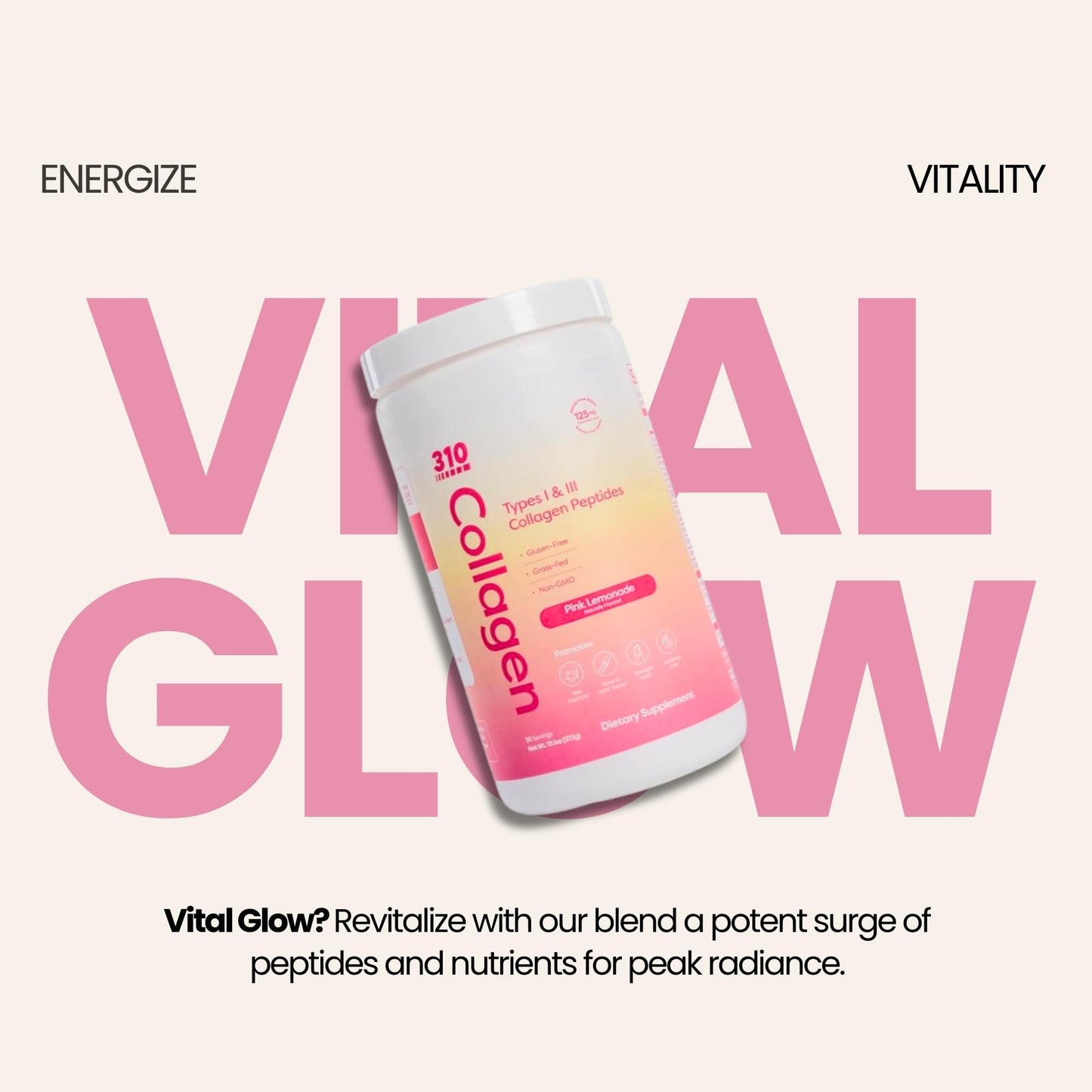 Hydrolyzed Collagen Peptides Powder โ Grass-Fed with Vitamins C/D/E, Hyaluronic Acid & Resveratrol | Pink Lemonade 30 Servings