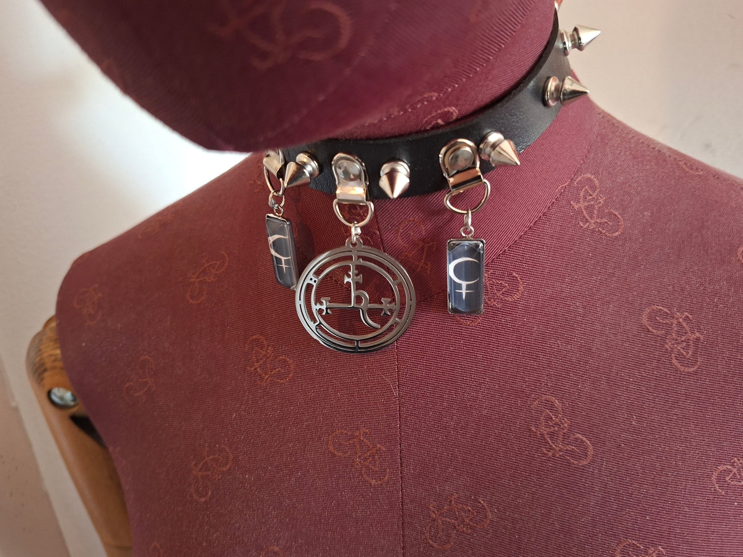 Stainless steel sigil & Symbol of Lilith Black Faux Leather Spiked Collar 2 : Goth Witchy Killstar