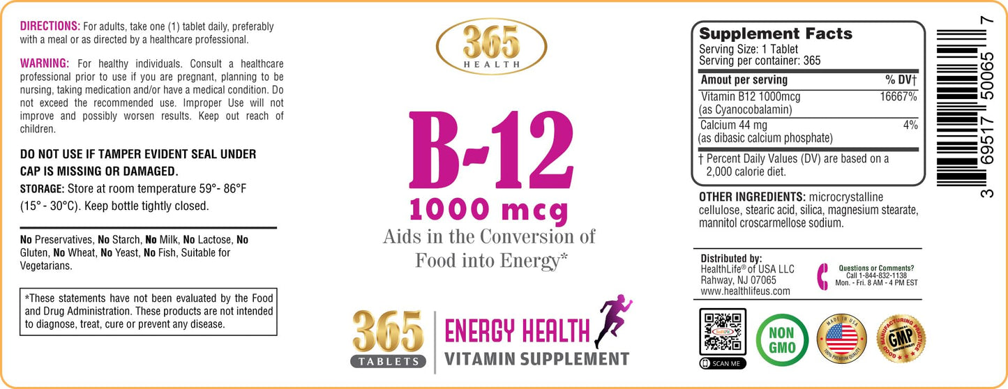 365 Health Vitamin B12 1000mcg Tablets β Energy Metabolism Support (Pack of 2)