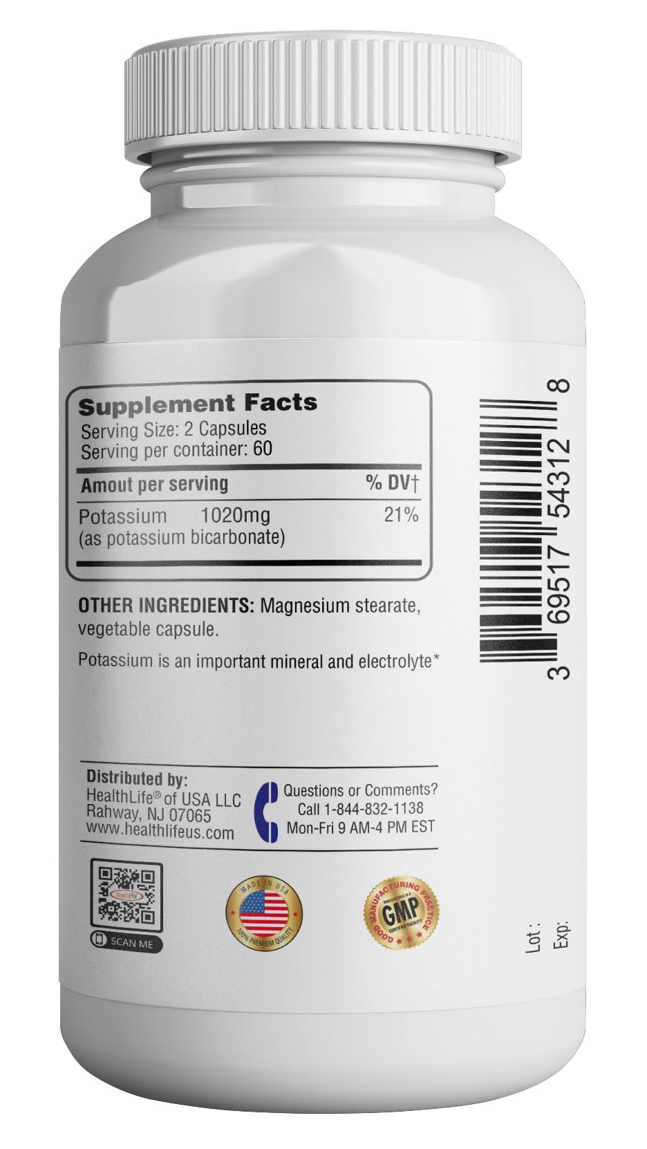 365 Health Potassium Supplement 1020 mg | Potassium Bicarbonate | Non-GMO, Gluten Free | Made in USA | 120 Vegetarian Capsules (2-Pack)