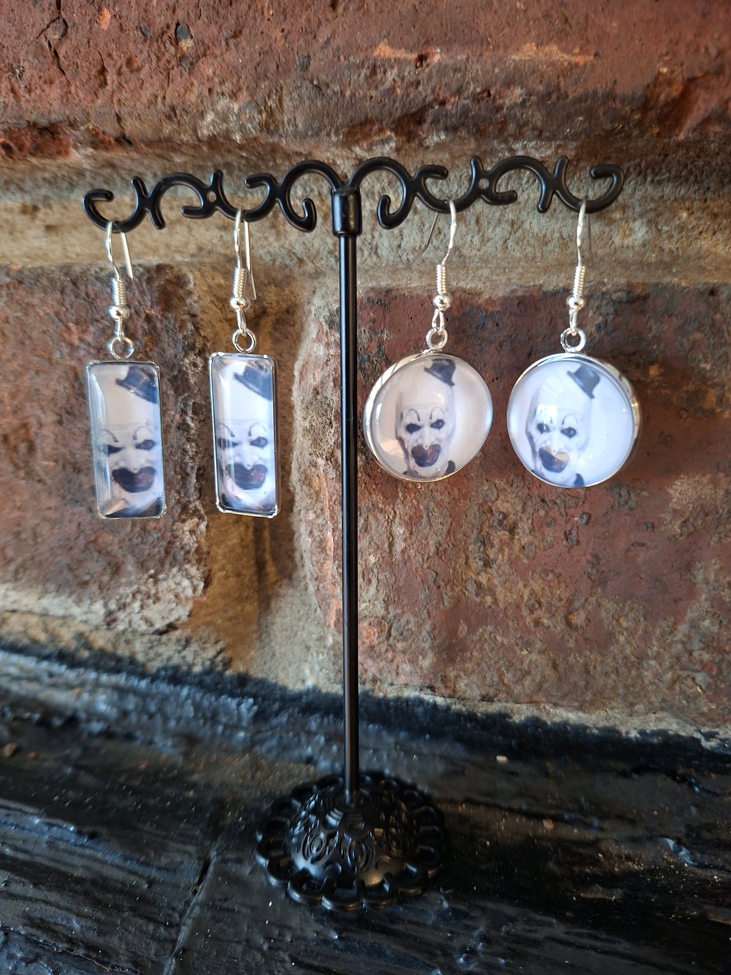 Round & Rectangle image earrings inspired by "Art" the clown from Terrifier