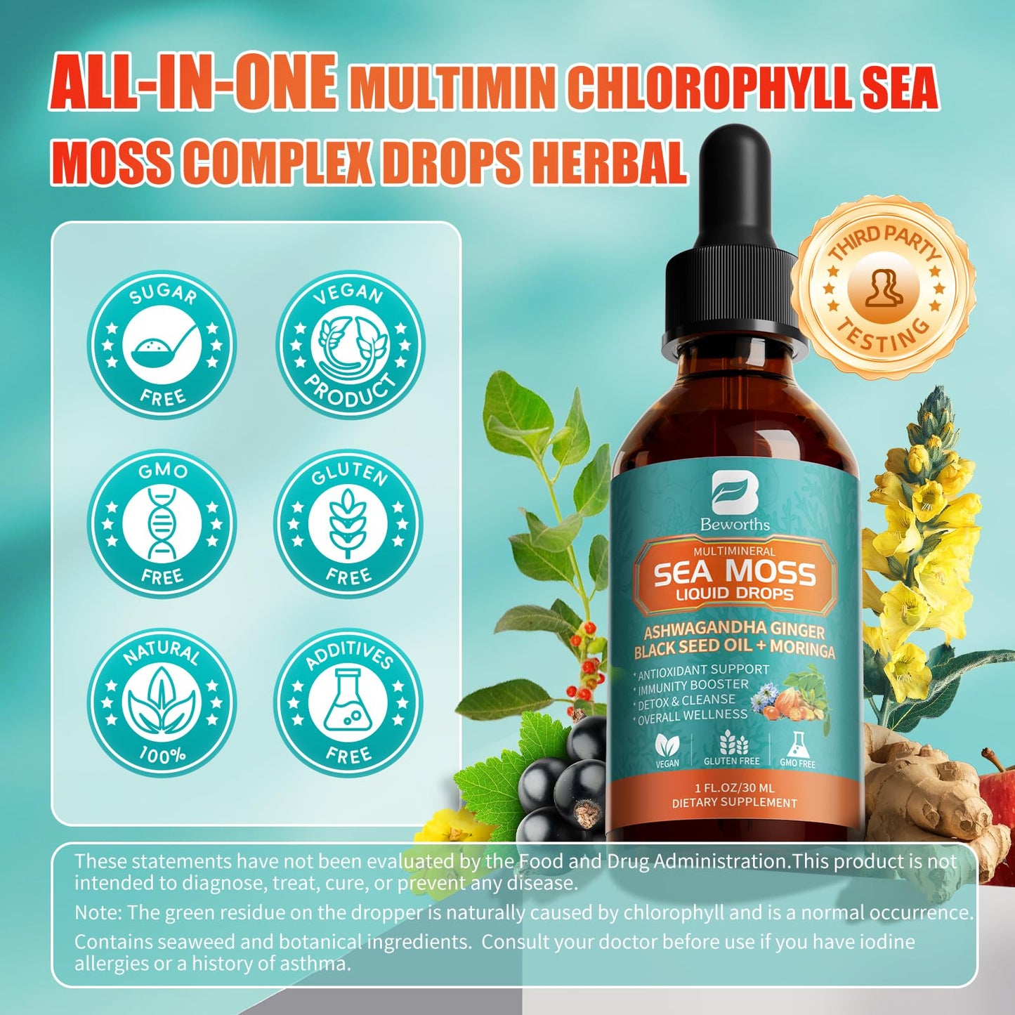 3Pack Sea Moss Drops โ Irish Sea Moss Chlorophyll Liquid with Black Seed Oil & Immune Support