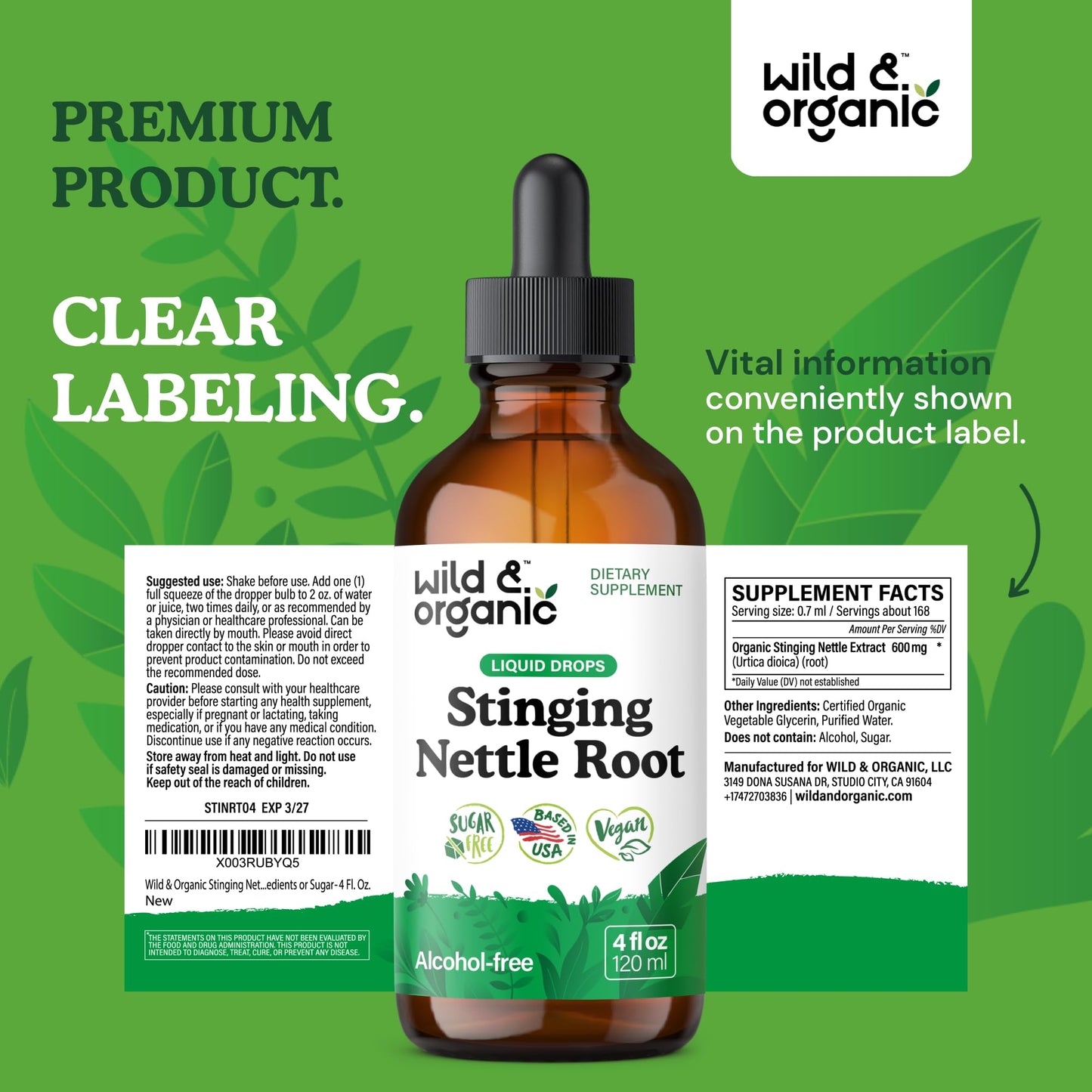 Wild & Organic Stinging Nettle Tincture โ Vegan, Alcohol-Free (4 fl oz)