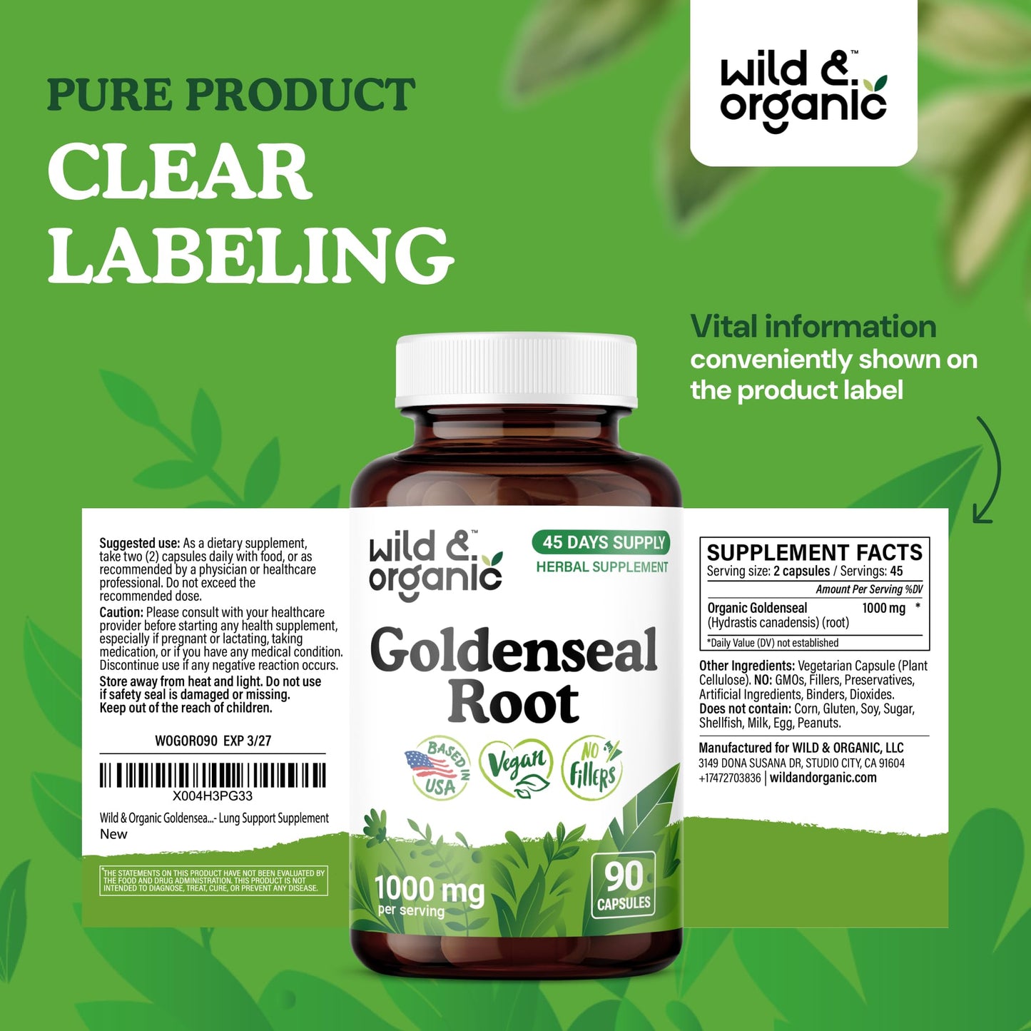Wild & Organic Goldenseal Root Capsules 1000mg โ Immune & Lung Support