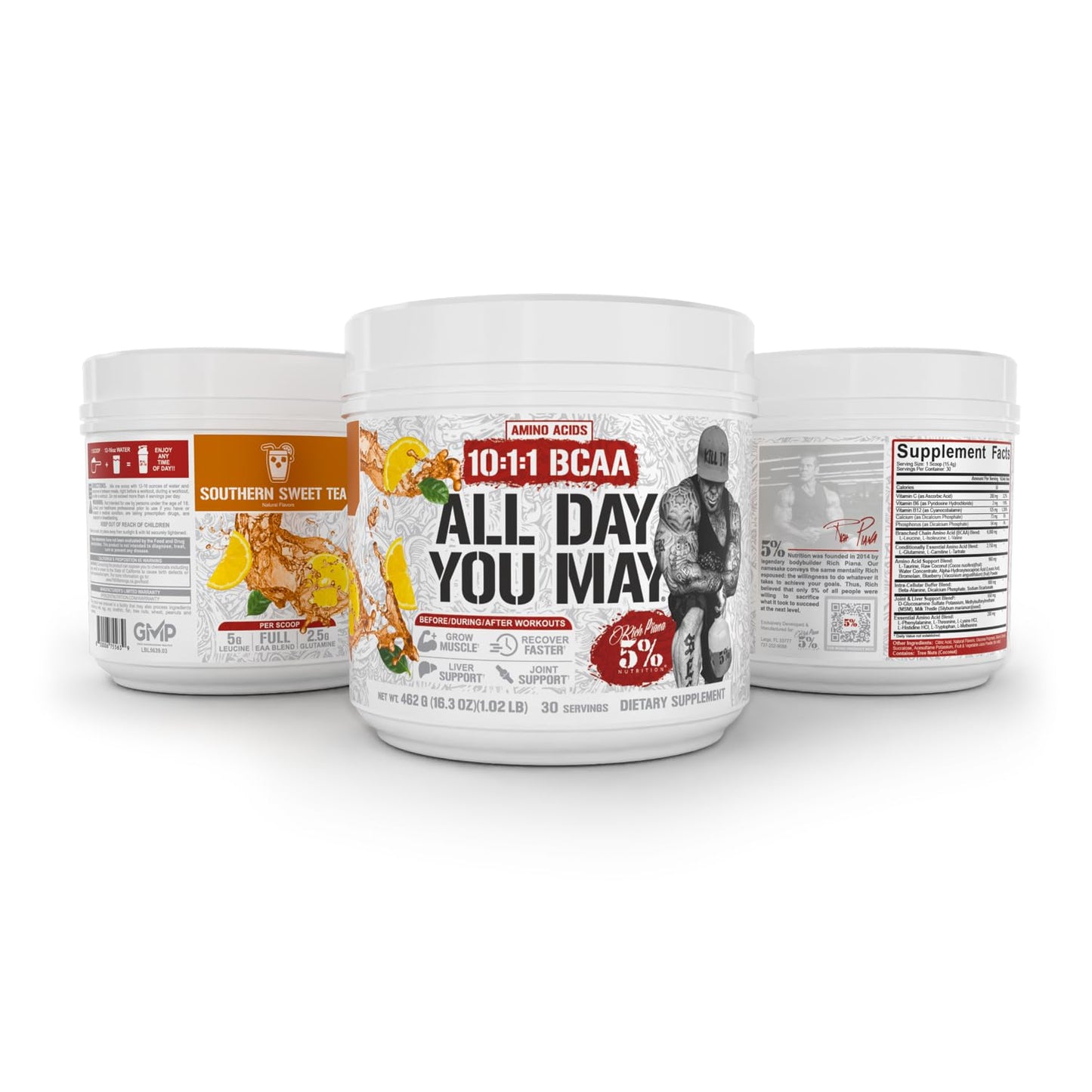 5% Nutrition Rich Piana AllDayYouMay BCAA Powder โ Intra & Post-Workout Aminos, Hydration, Endurance | Southern Sweet Tea 16.3 oz