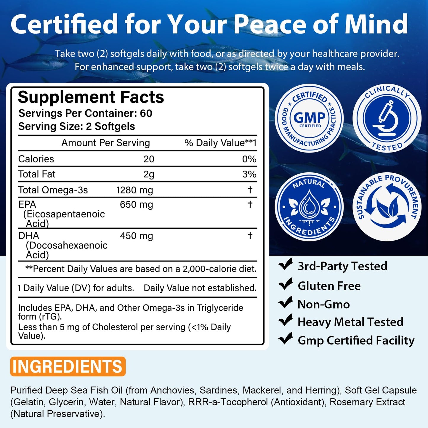 Omega 3 Fish Oil Supplement โ 1280mg per Serving, EPA & DHA, Non-GMO