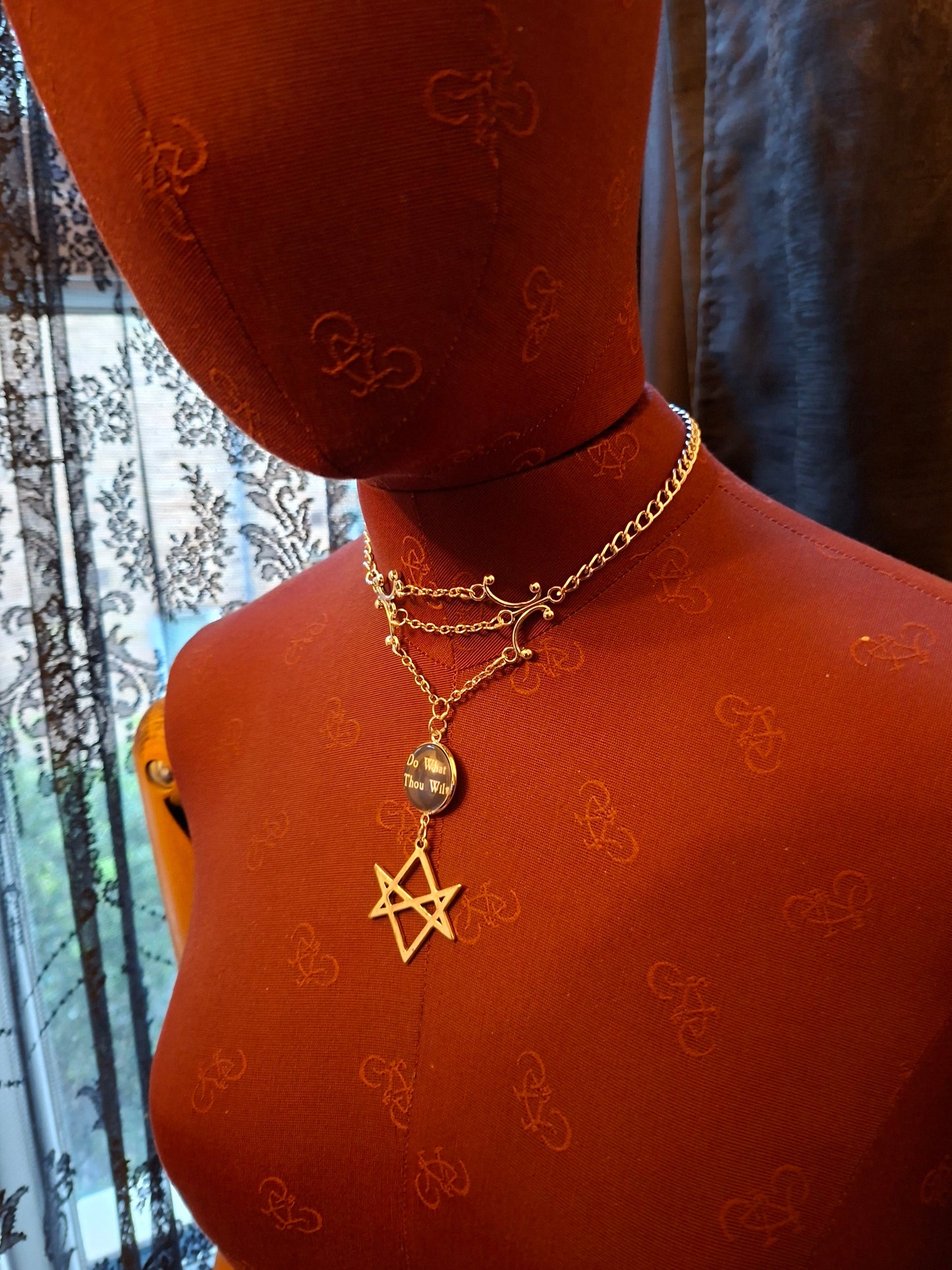Goth Gothic Witchy Occult Aleister Crowley, unicursal hexagram " Thelema Magick " chandelier choker/necklace