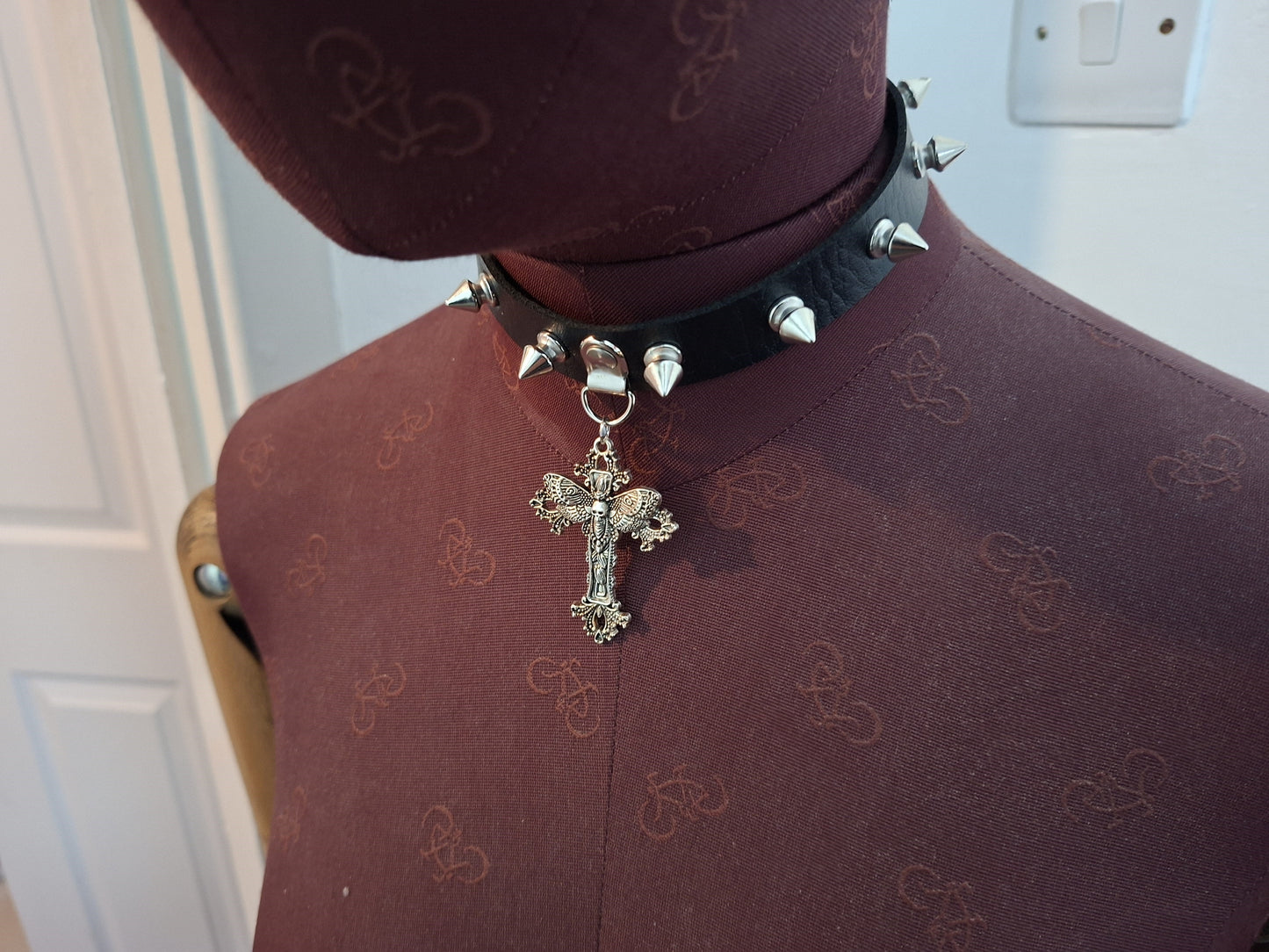 Black Spiked Faux Leather Collar, Ornate Cross with Death Head Moth : Goth Witchy Killstar