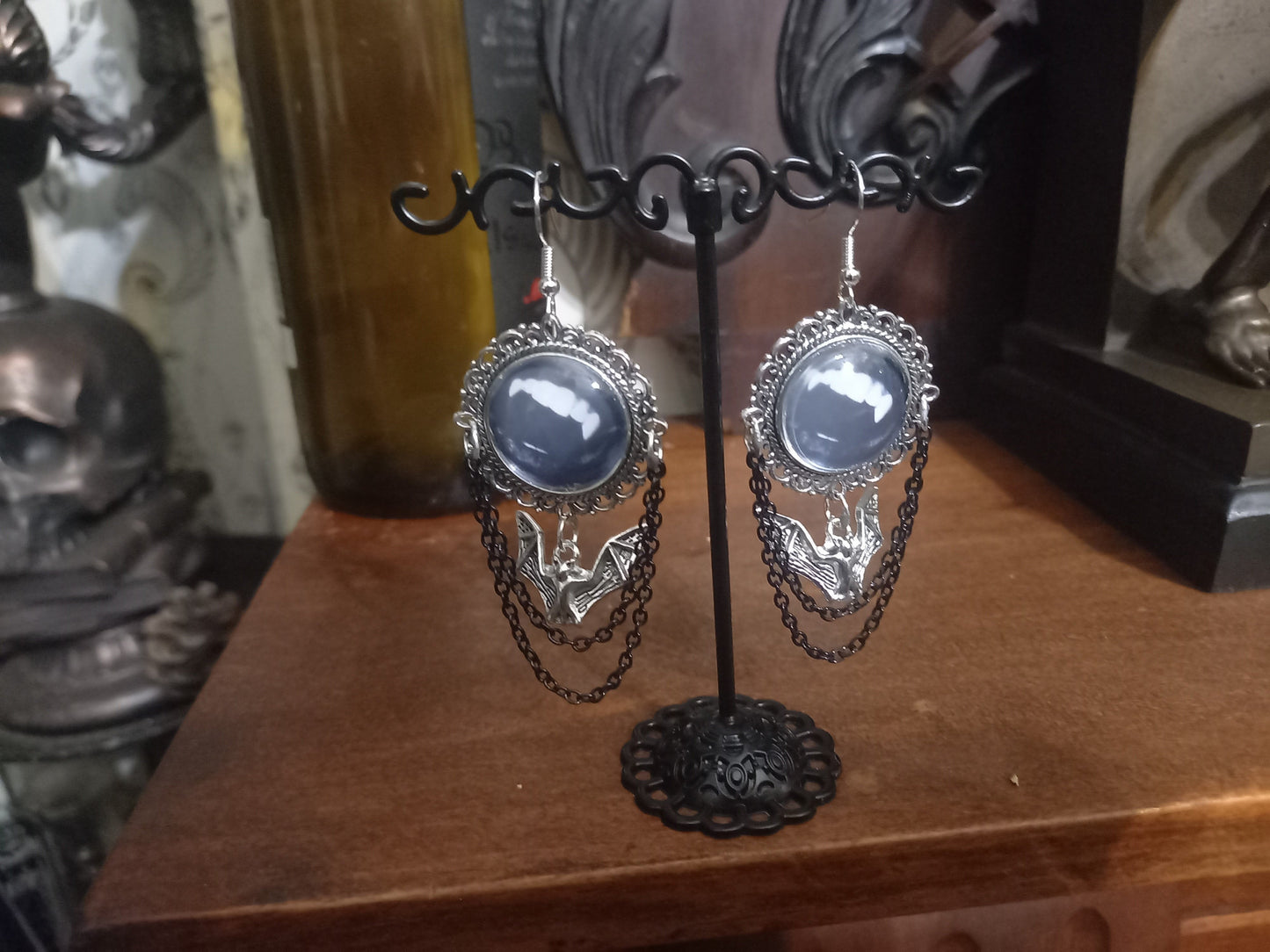 Goth Gothic Witchy Killstar Vampire " FANGS" deluxe ornate earrings with bat charm And chains