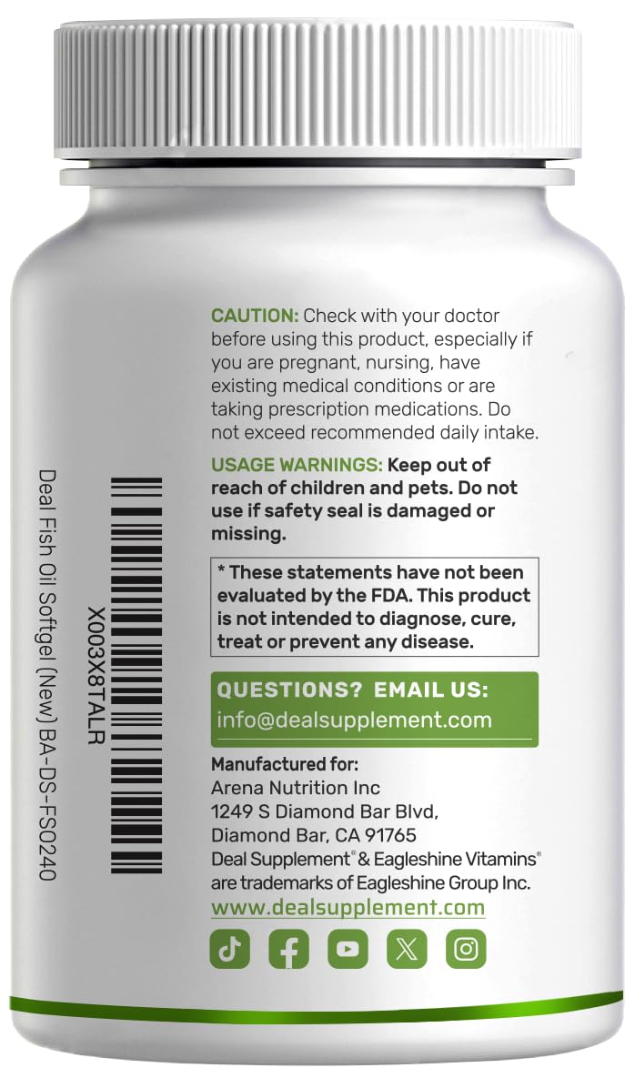 DEAL SUPPLEMENT Omega 3 Fish Oil โ 3,000 mg per Serving, 240 Softgels, Burpless Lemon