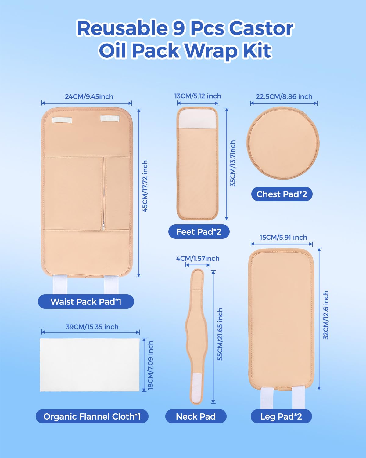 9-Piece Castor Oil Pack Wrap Kit โ Reusable Organic Cotton Compress Set