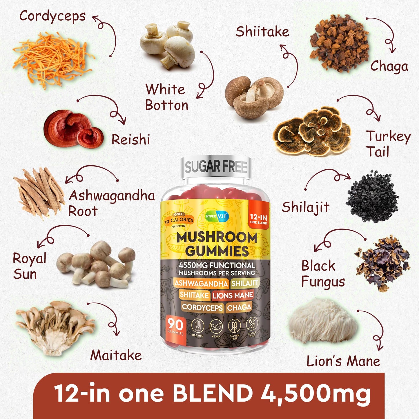 12in1 Mushroom Gummies 4550mg with Ashwagandha & Shilajit โ Sugar Free, 90 Count (45 Servings) | Energy & Focus
