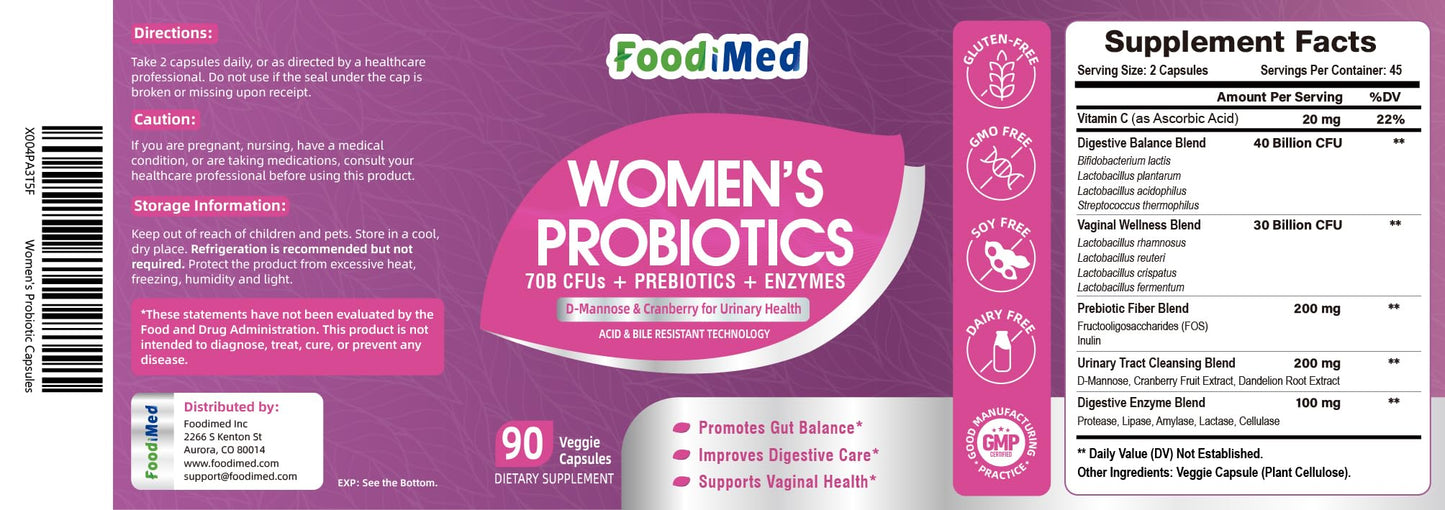 Probiotics for Women Digestive Health โ 70 Billion CFU, Cranberry & Urinary Support, 90 Veggie Capsules