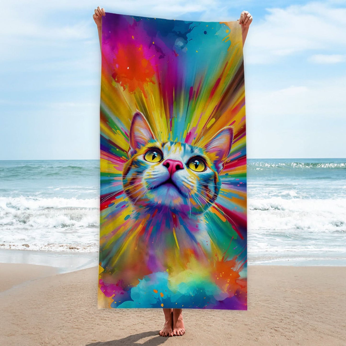 Colourful Cat Painting - Beach Towel