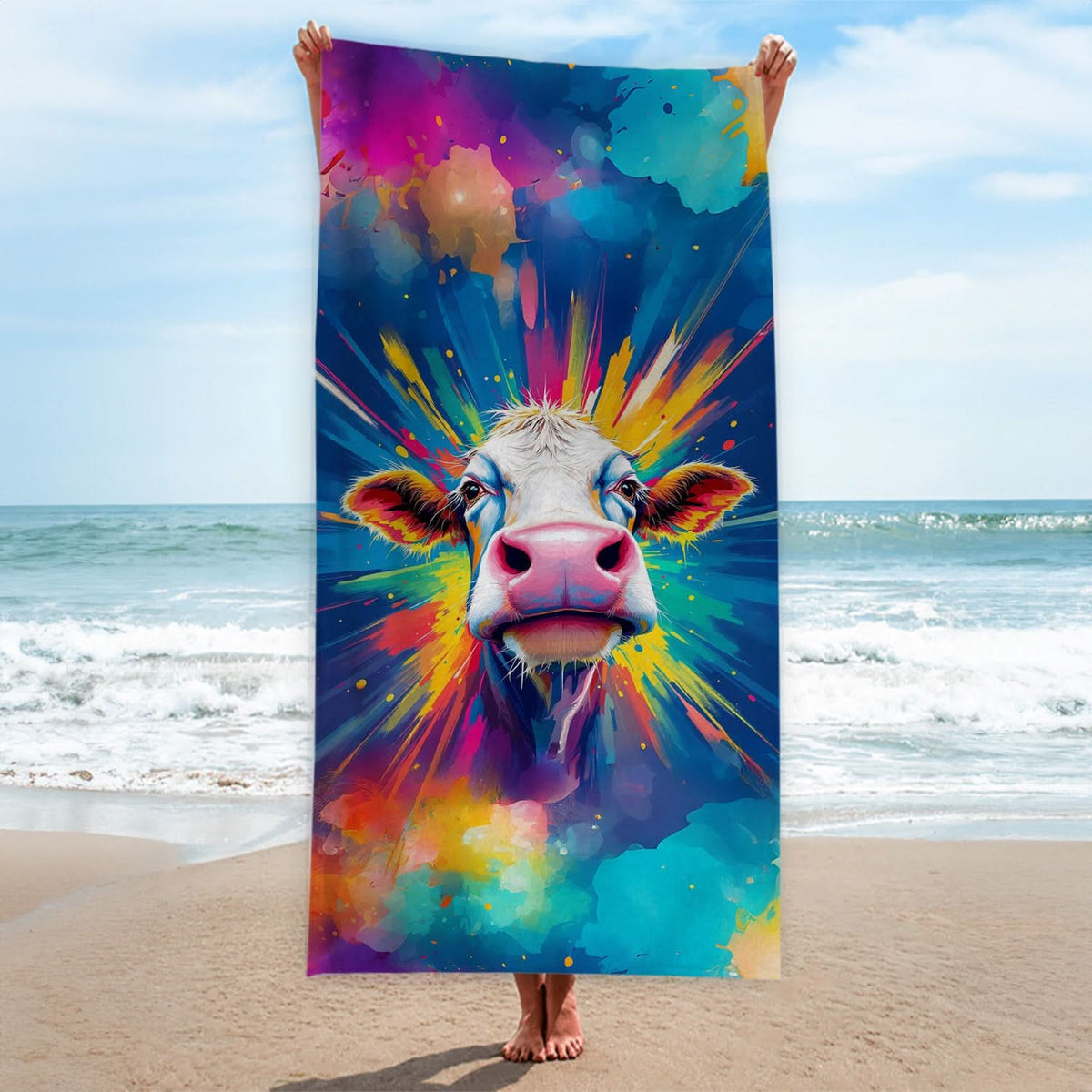Colourful Cow Painting - Beach Towel