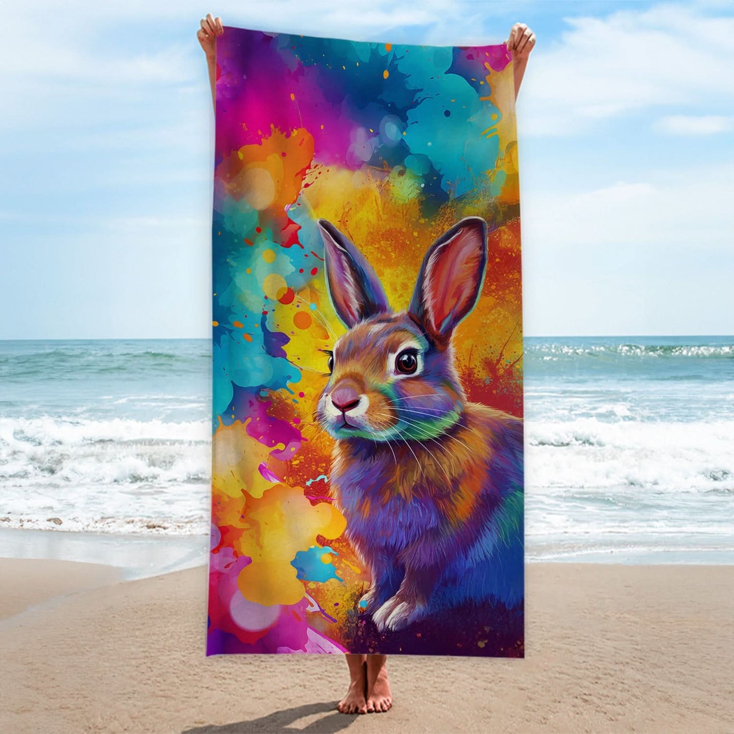 Colourful Rabbit Painting - Beach Towel