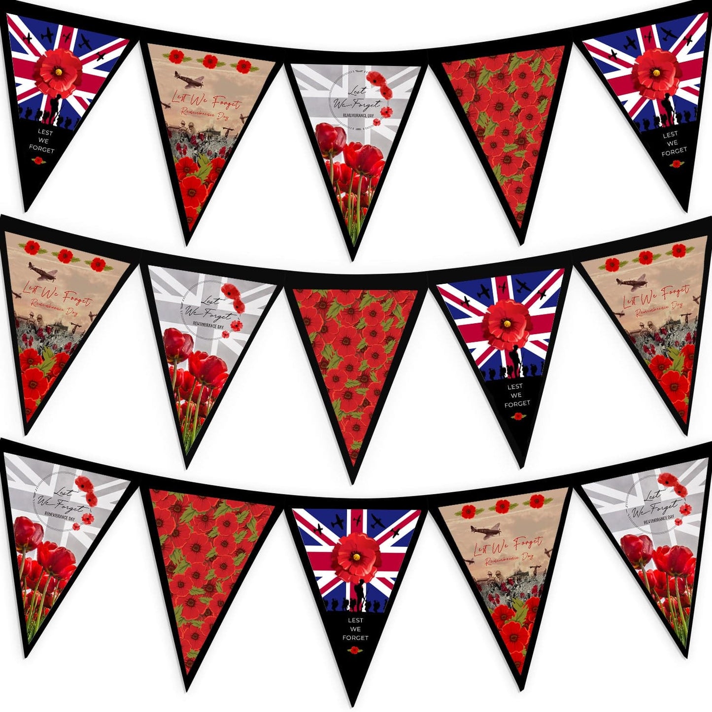 Remembrance Day 4 Repeat Mixed Pattern - 3m Fabric Bunting With 15 Individual Triangles