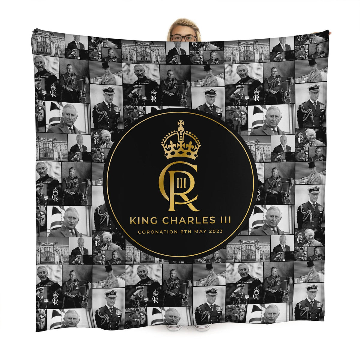 King Charles Coronation - B&W Collage - 150 x 150cm Fleece Blanket