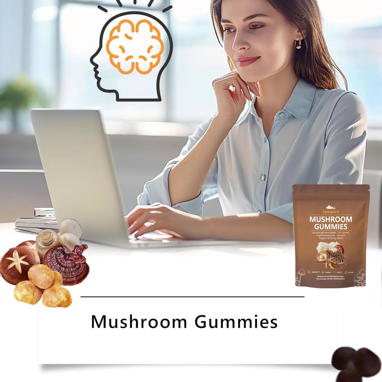 KPOAPERA Lions Mane Mushroom Gummies โ 12-Mushroom Blend, 60 Chews, 2500mg/Serving, Vegan