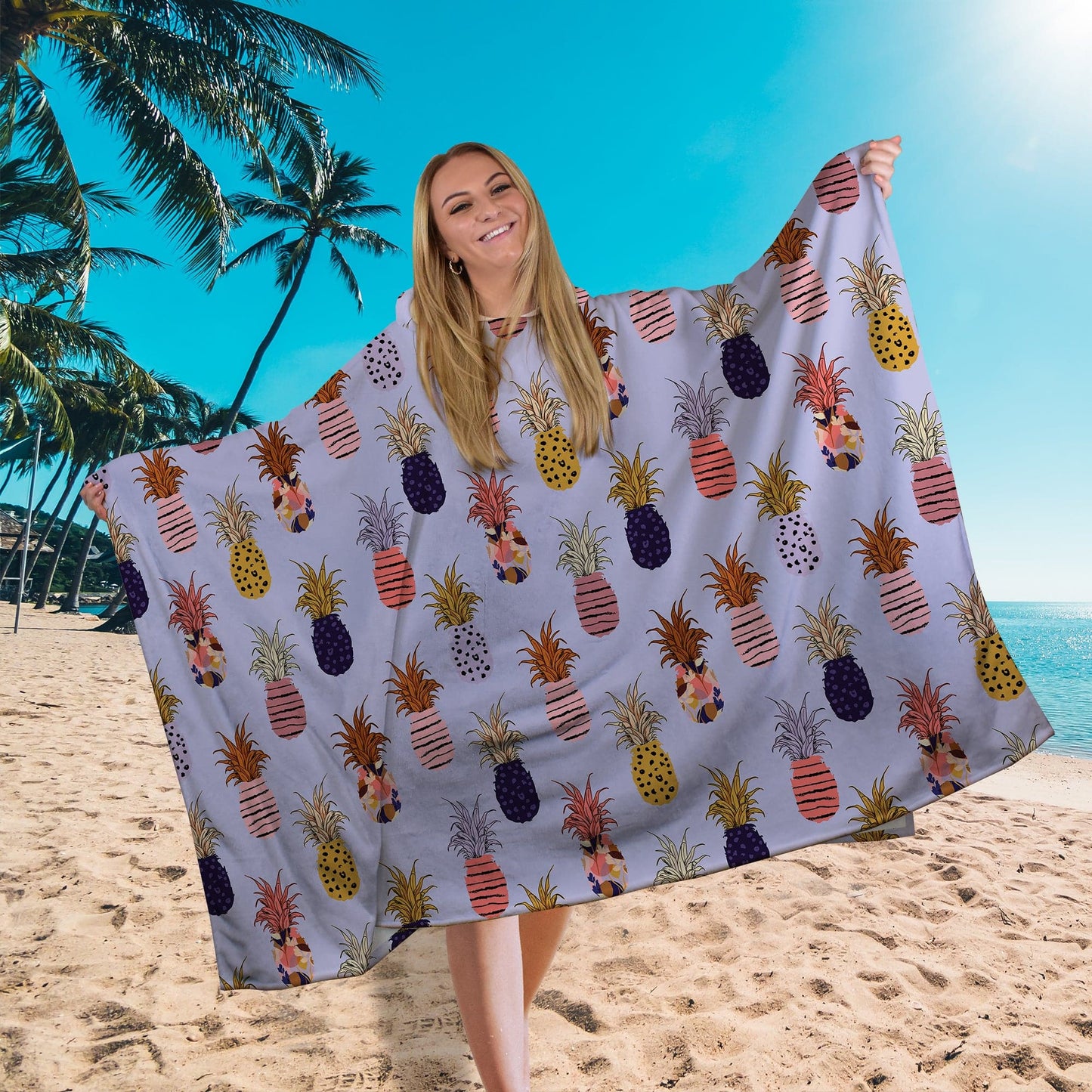 Hooded Towel - Lightweight, Microfibre - Pineapples - Purple