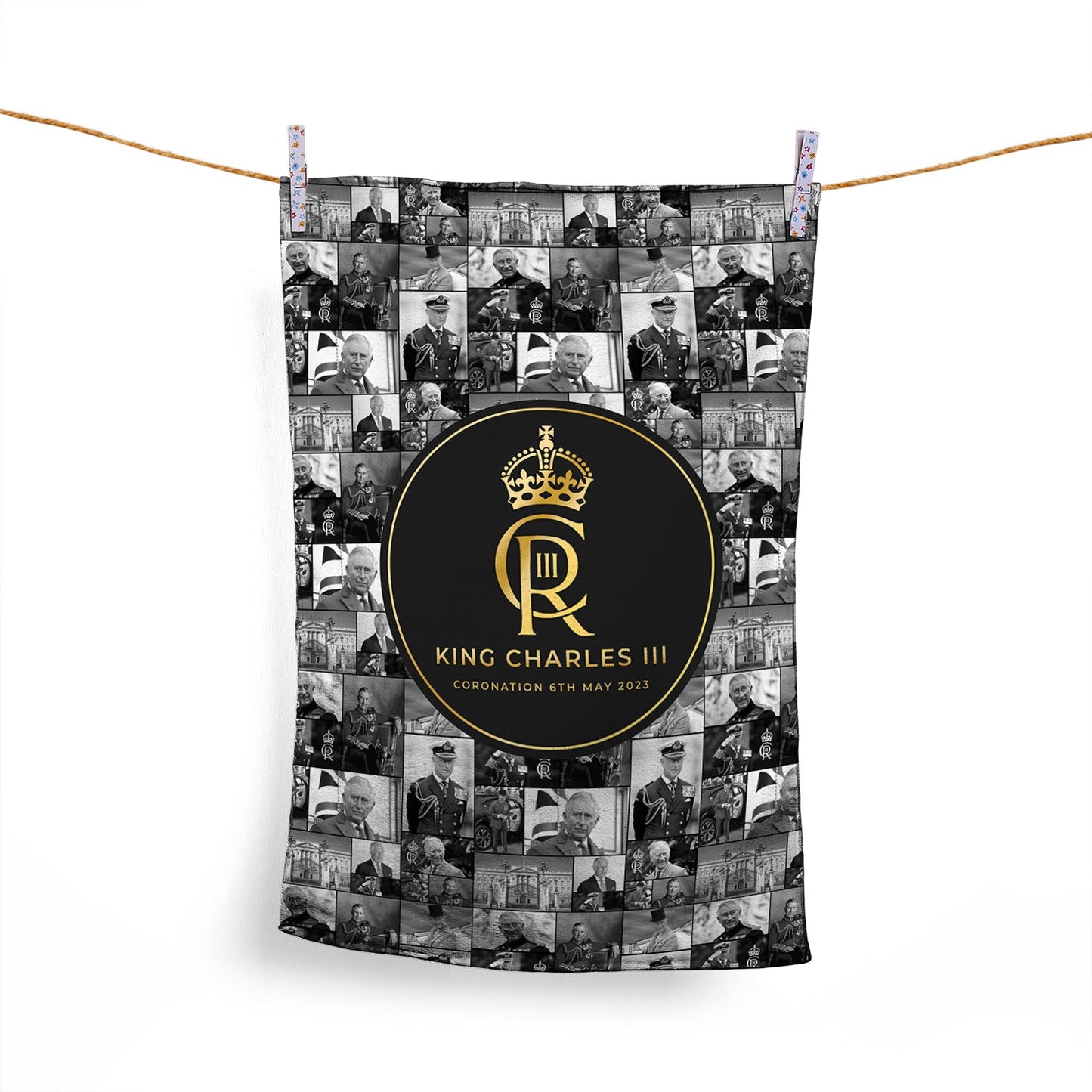 King Charles Coronation - B&W Collage - Lightweight, Microfibre Tea Towel
