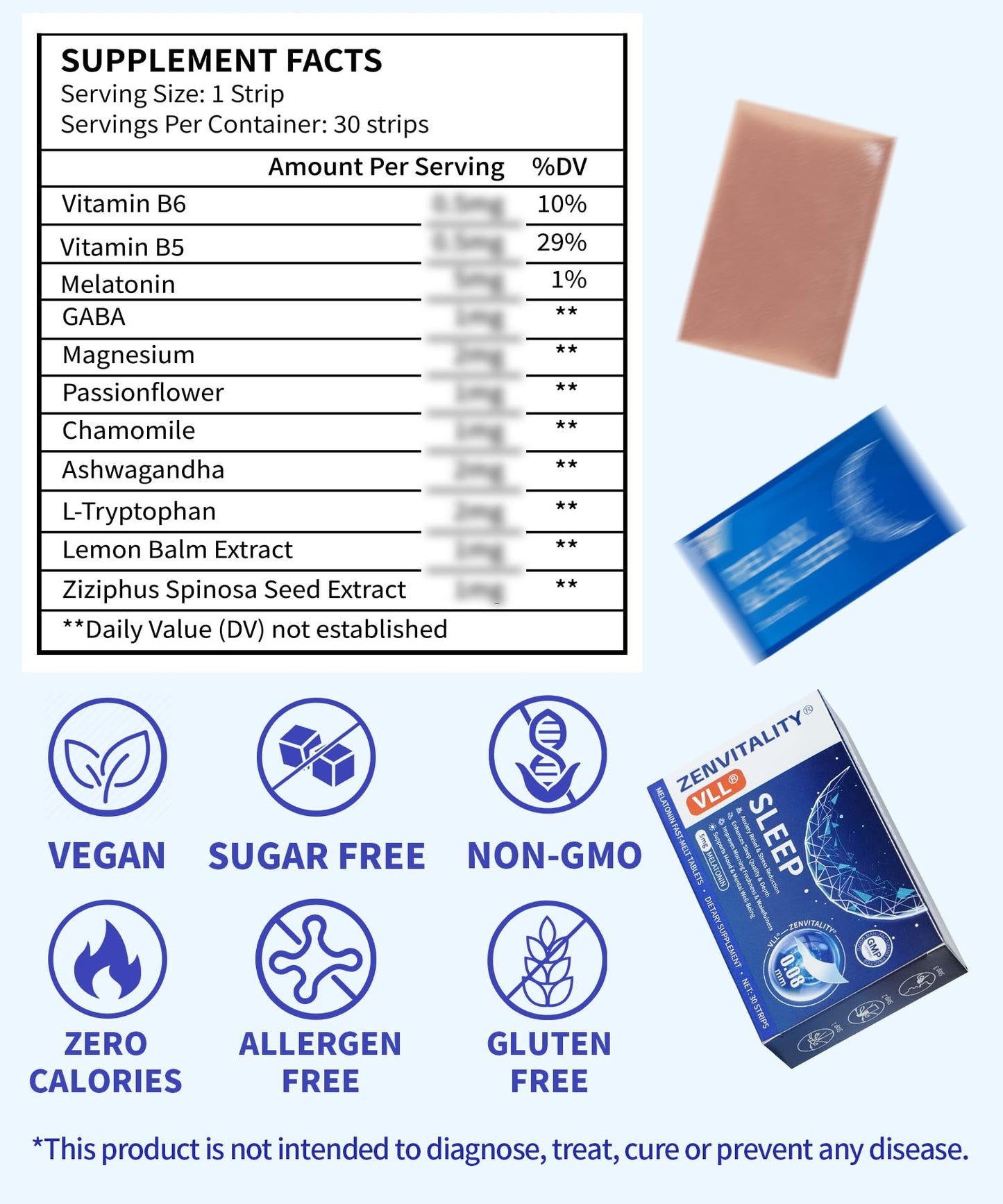VLL Melatonin 5mg Oral Sleep Strips โ Fast-Dissolving Sleep Aids (30 Count)