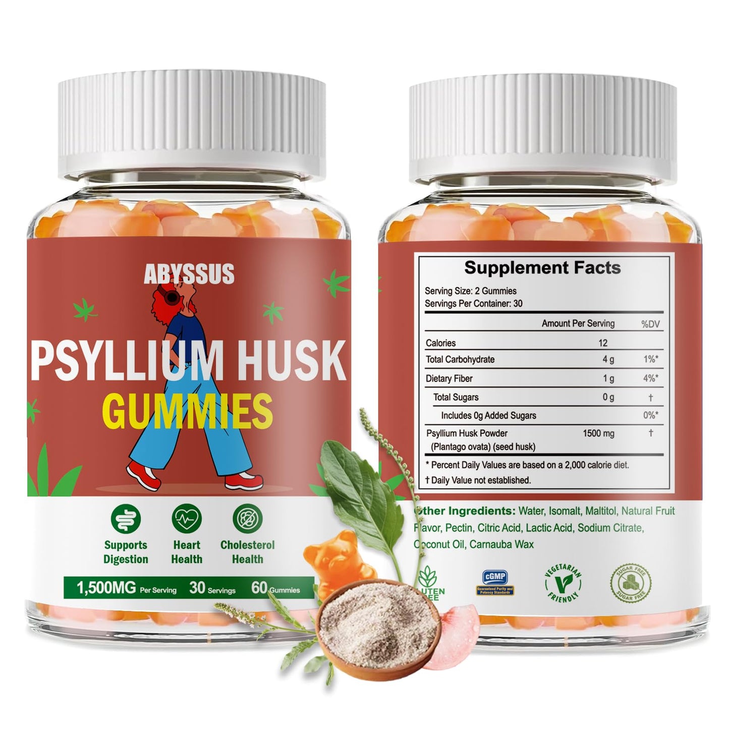 ABYSSUS Psyllium Husk Gummies 1500mg โ Digestive Health, Sugar-Free Peach, 60 Count