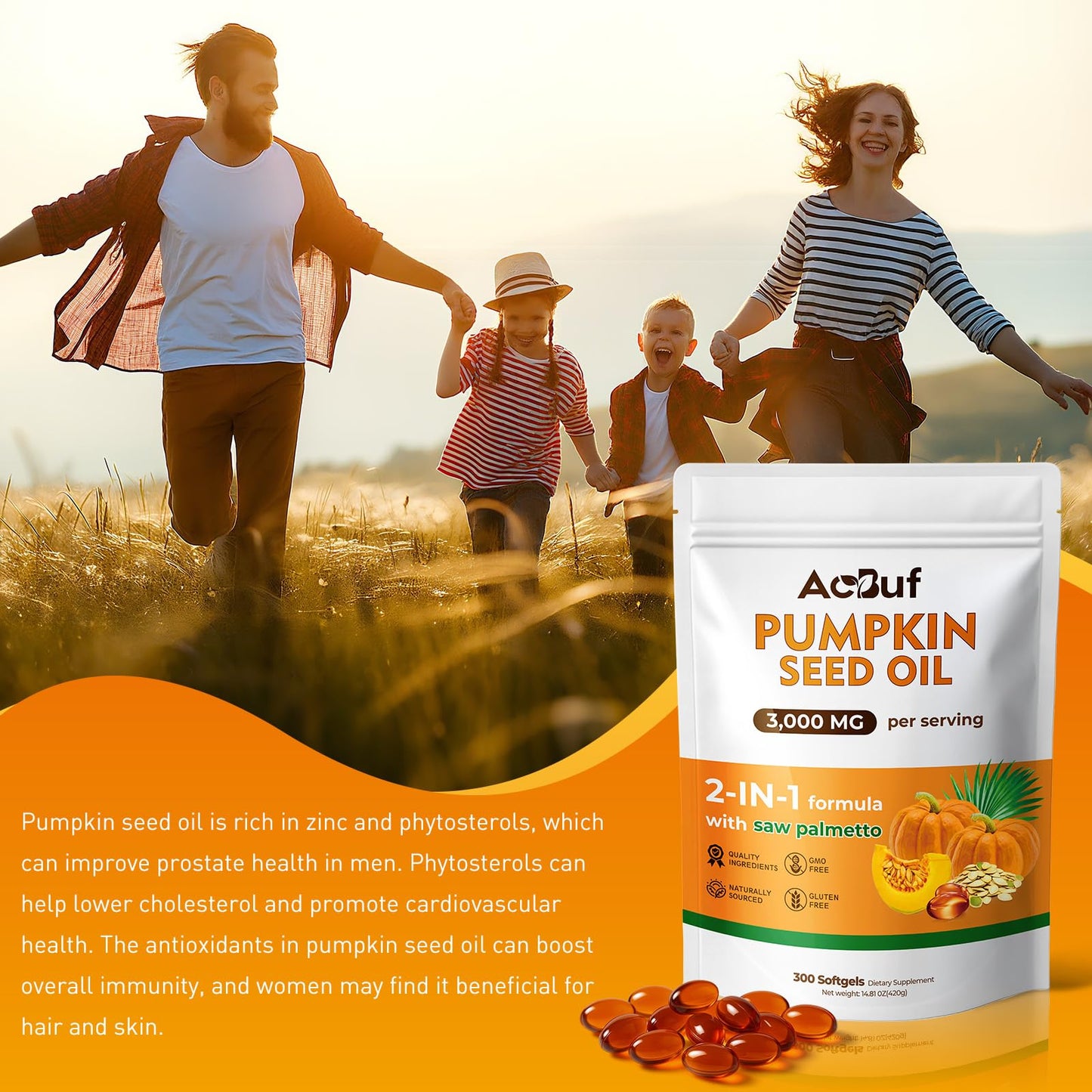 ACBUF Pumpkin Seed Oil with Saw Palmetto โ 3000mg per Serving, 300 Softgels