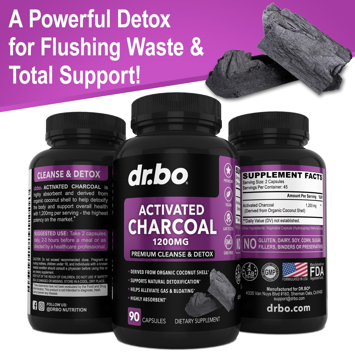 Activated Charcoal Capsules Detox 1200mg โ Organic Coconut Charcoal Pills for Gas & Bloating Relief