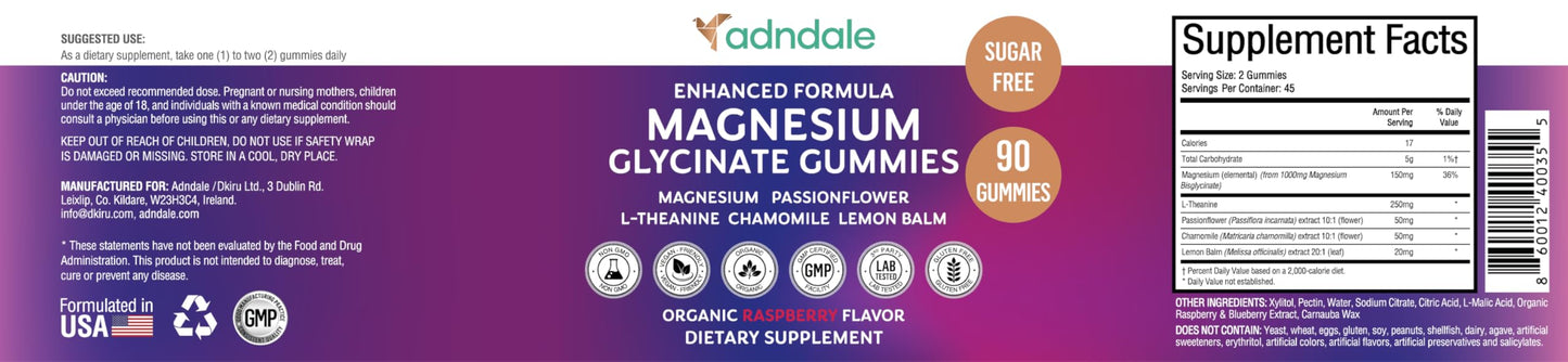 Adndale Pure Magnesium Glycinate Gummies - 90ct Sugar Free with L-Theanine & Herbs