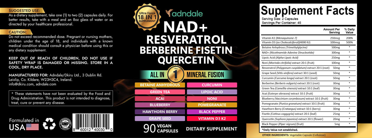 Adndale NAD Resveratrol Supplement โ Liposomal NAD+ NMN Alternative 18-in-1 Fusion (90 Capsules)