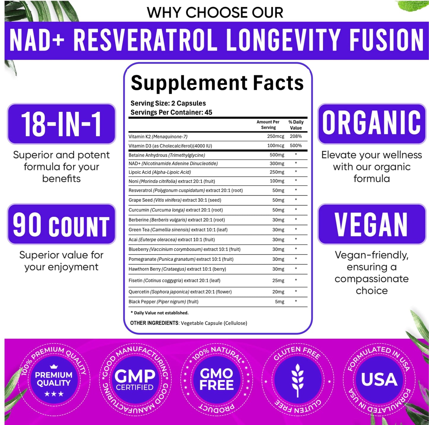 Adndale NAD Supplement โ Longevity Formula with NAD+, Trans-Resveratrol, Berberine, Quercetin, 180 Capsules