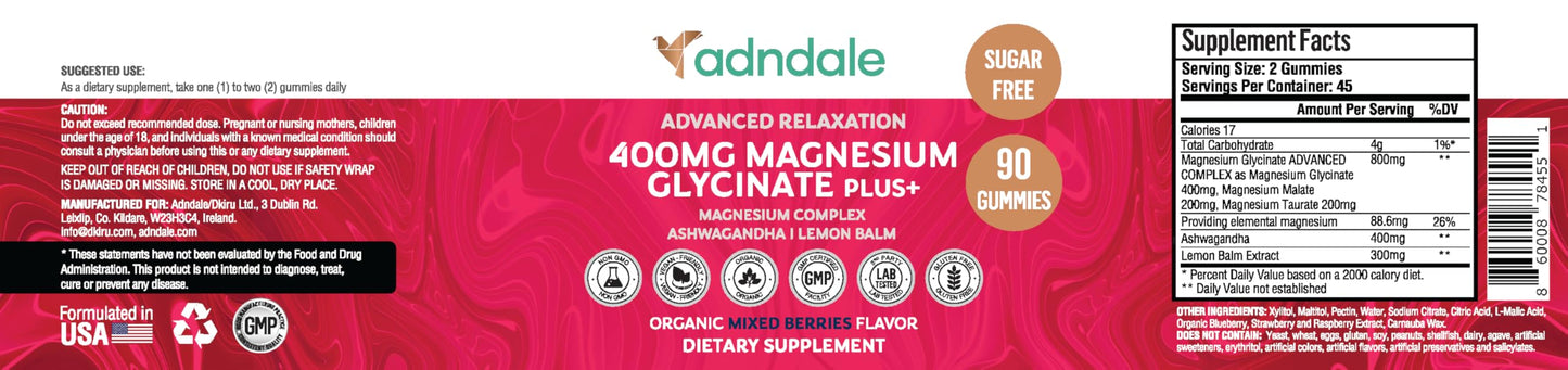 Adndale 90 ct Magnesium Glycinate Gummies with Ashwagandha & Taurate โ Sugar-Free