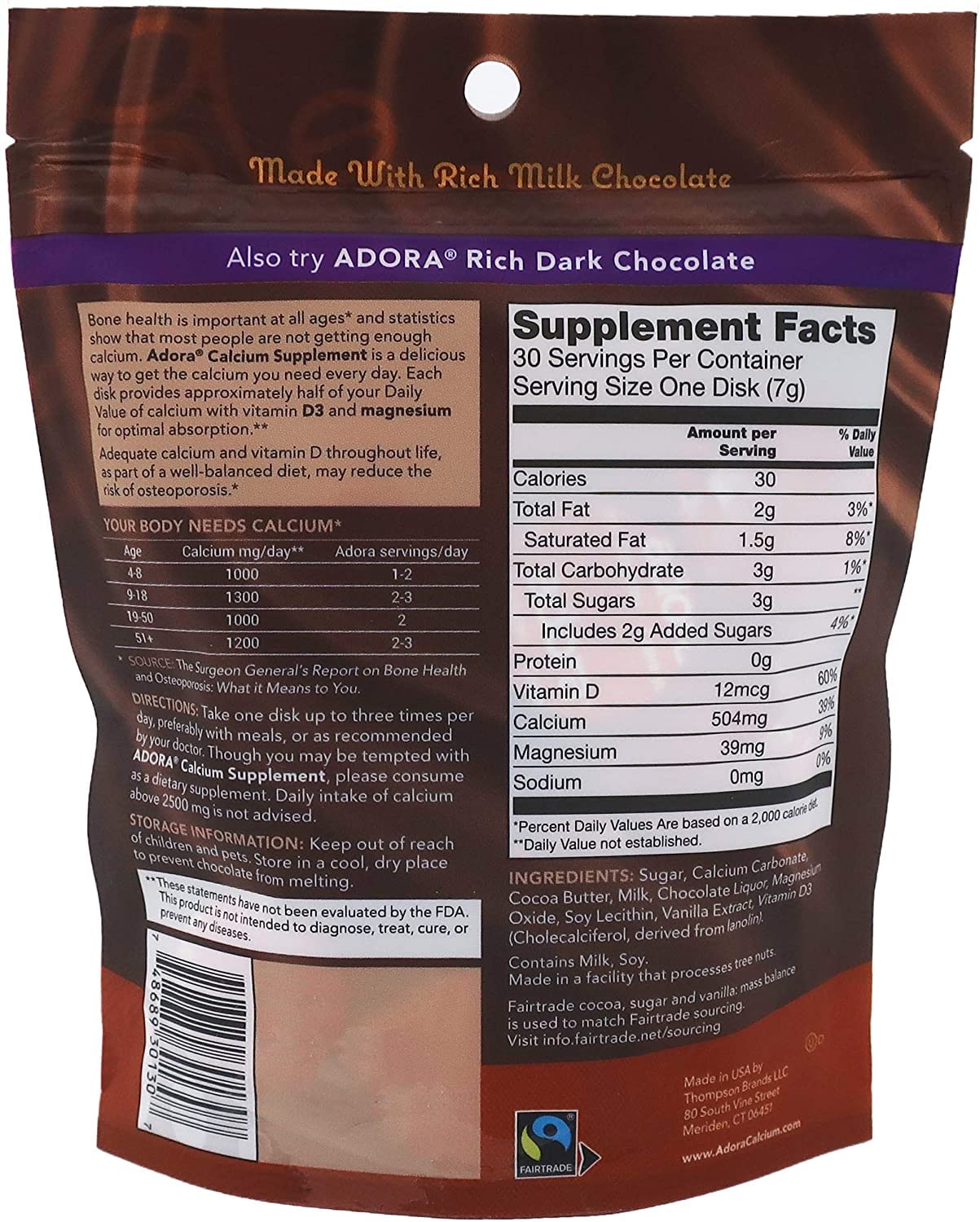 Adora Premium Vitamin D3 Calcium Magnesium Milk Chocolate โ 500 mg, 30 Count