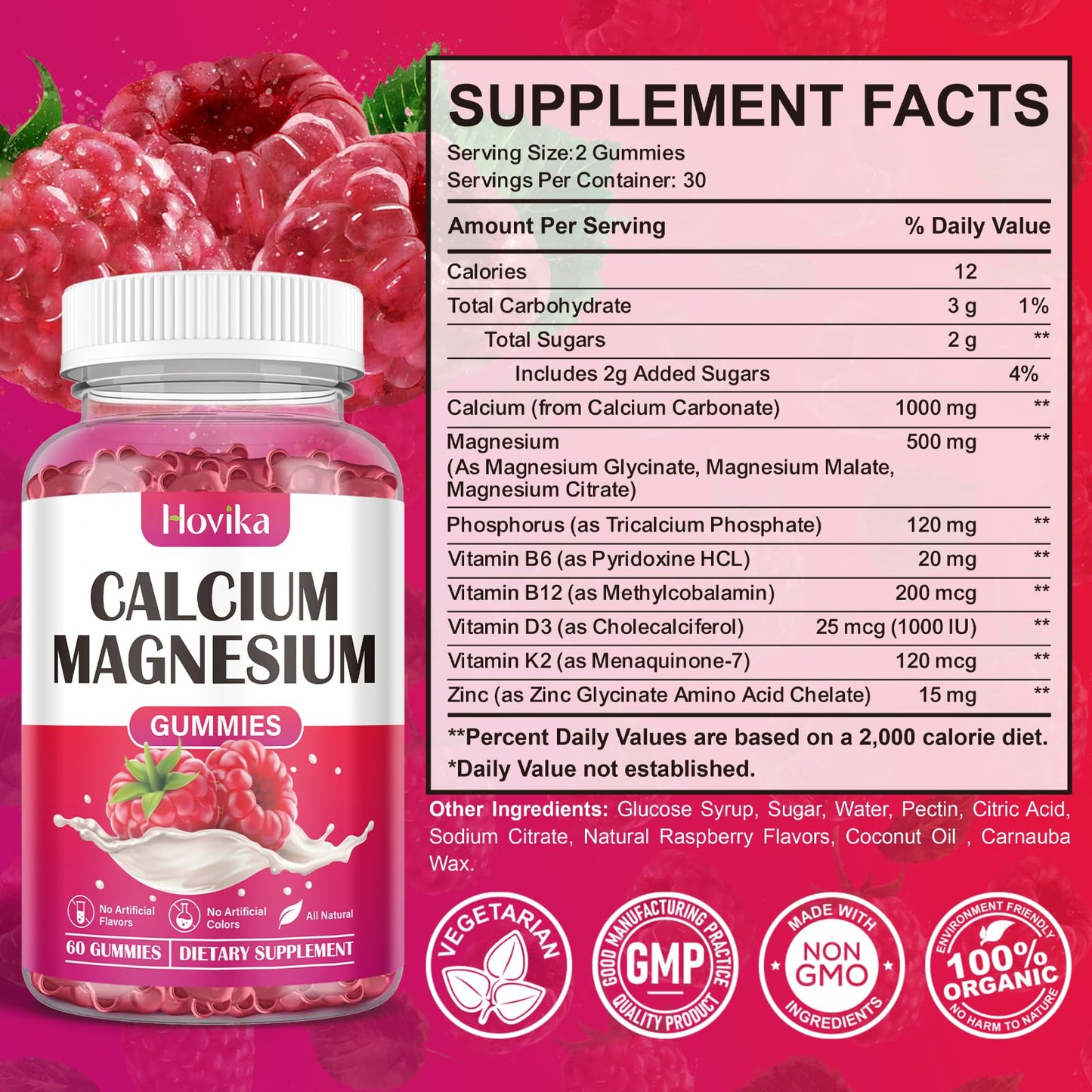 Calcium Magnesium Zinc Gummies 2:1 with D3 K2 B6 B12 โ Vegan Raspberry 120