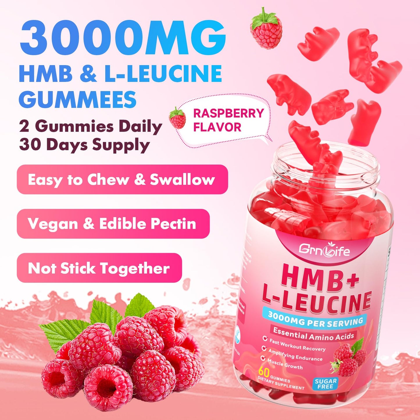 2 Pack HMB & L-Leucine Gummies 3000mg โ Muscle Growth & Recovery, Sugar-Free Raspberry, 120 Count