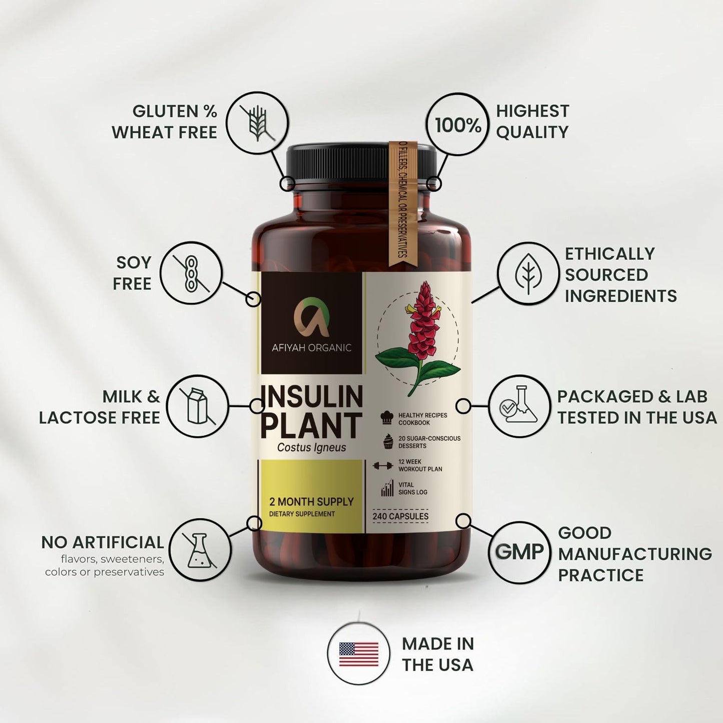 Afiyah Organic Costus Igneus Capsules β Premium Insulin Plant (240 Veggie Capsules)