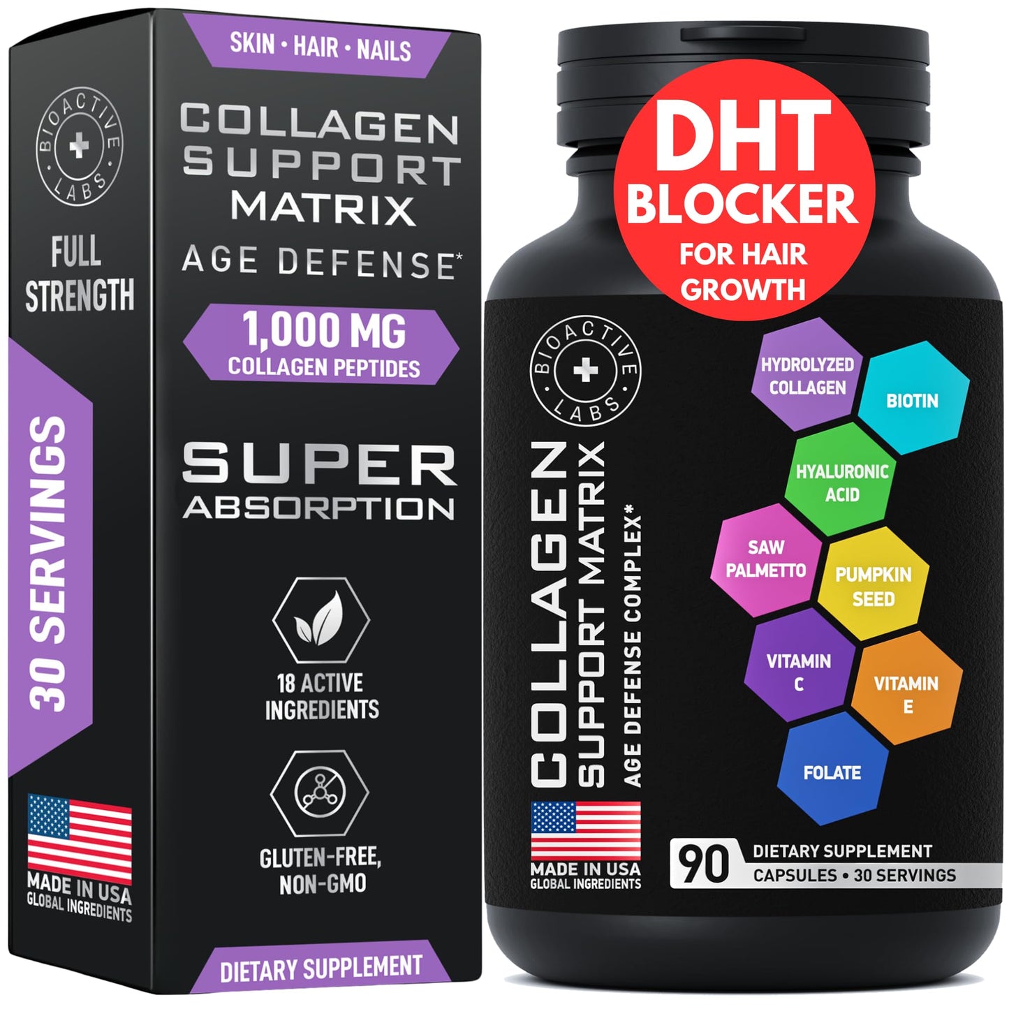 Age Defense Beauty Collagen Matrix โ 2,000mg Multi Collagen, Biotin, Keratin, Hyaluronic Acid | 90 Gluten-Free Caps