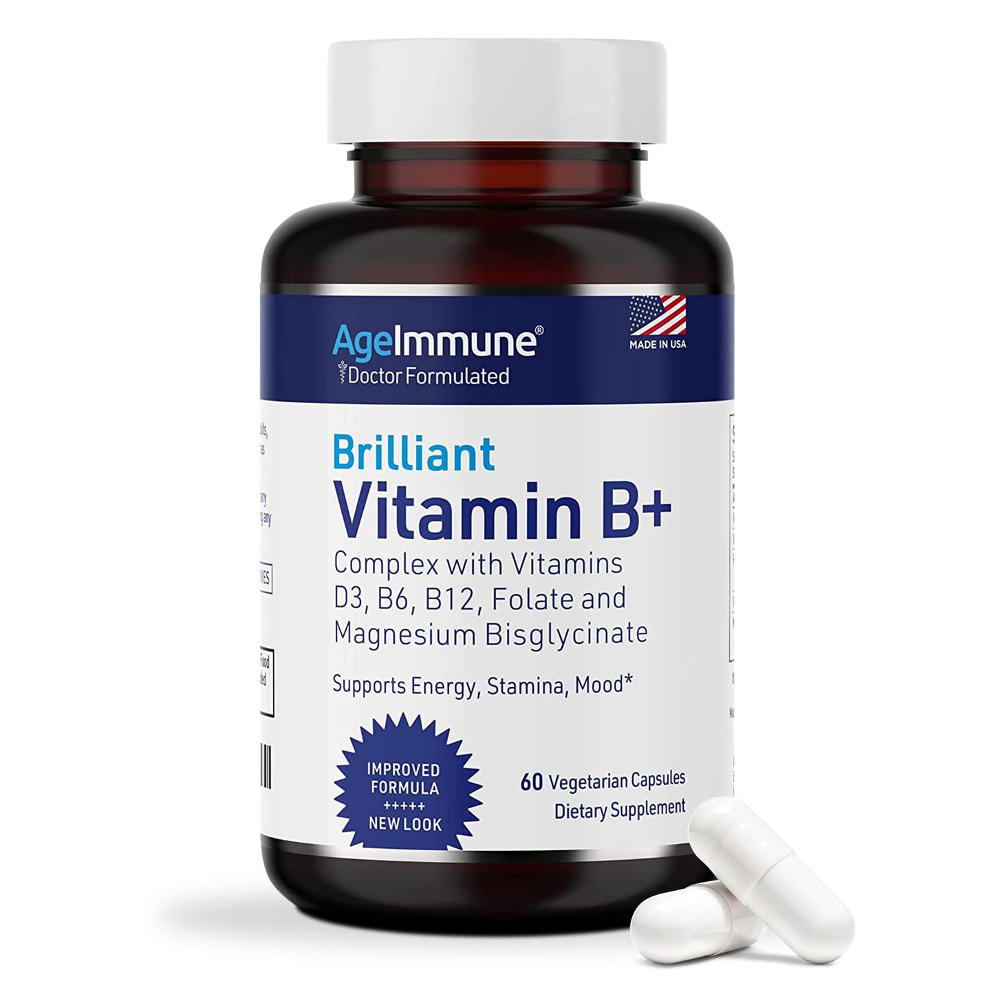 AgeImmune Vitamin B Complex with D3, Methylfolate โ Doctor Formulated, Niacin-Free, 60 Capsules